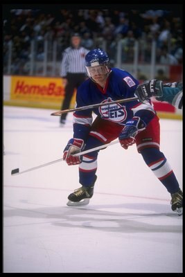 27 Jan 1995:  Rightwinger Teemu Selanne of the Winnipeg Jets looks on during a game against the Anaheim Mighty Ducks at Arrowhead Pond in Anaheim, California.  The Ducks won the game, 3-2. Mandatory Credit: Al Bello  /Allsport