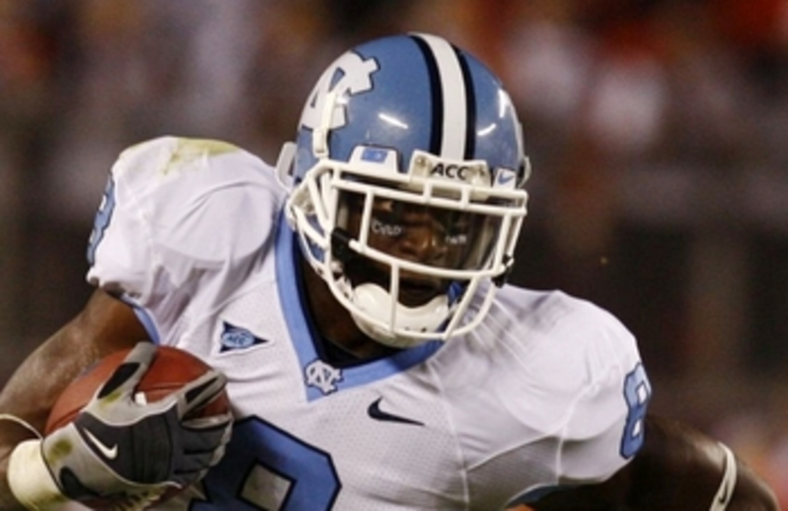 BLACKSBURG, VA - OCTOBER 29:  Running back Greg Little #8 of the North Carolina Tar Heels runs with the ball against the Virginia Tech University Hokies during the game at Lane Stadium on October 29, 2009 in Blacksburg, Virginia.  (Photo by Scott Halleran