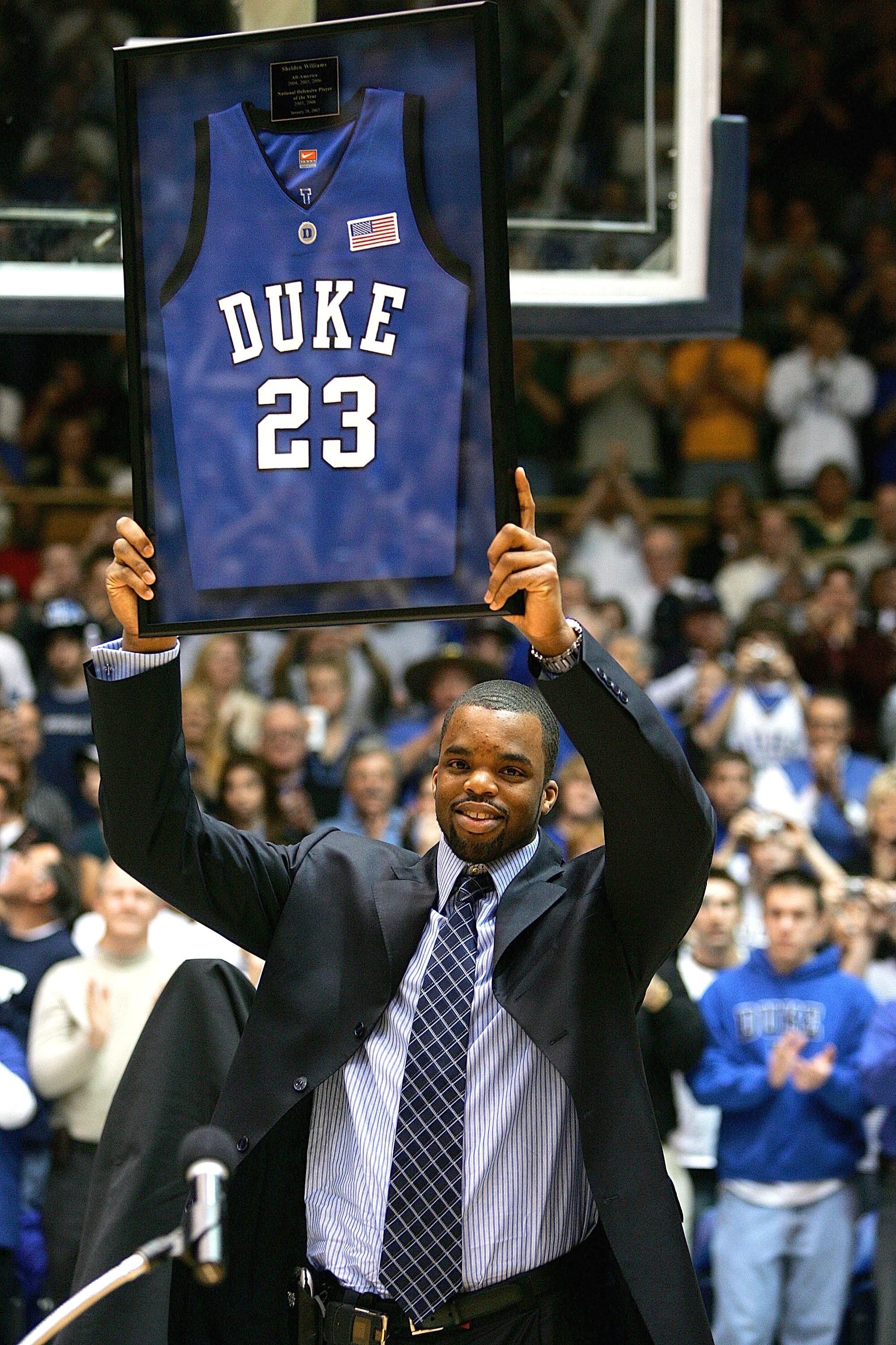 DURHAM, NC - JANUARY 28: Former Duke Blue Devil Shelden Williams has his jersey retired during halftime of the game against the Boston College Eagles at Cameron Indoor Stadium on January 28, 2007 in Durham, North Carolina.  (Photo by Streeter Lecka/Getty