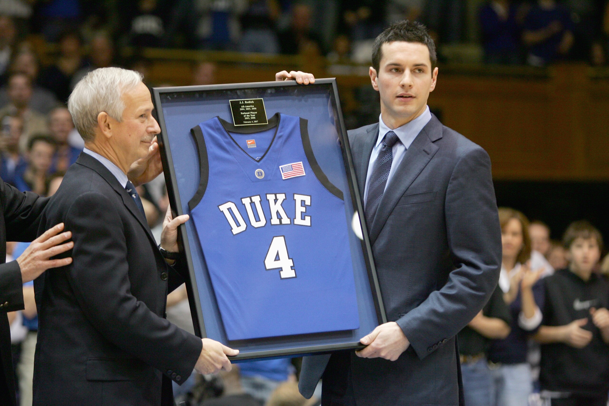 DURHAM, NC - FEBRUARY 04:  Former Duke Blue Devil J.J. Reddick holds his jersey after it was retired during halftime of their game against the Florida State Seminoles at Cameron Indoor Stadium on January 4, 2007 in Durham, North Carolina.  (Photo by Stree