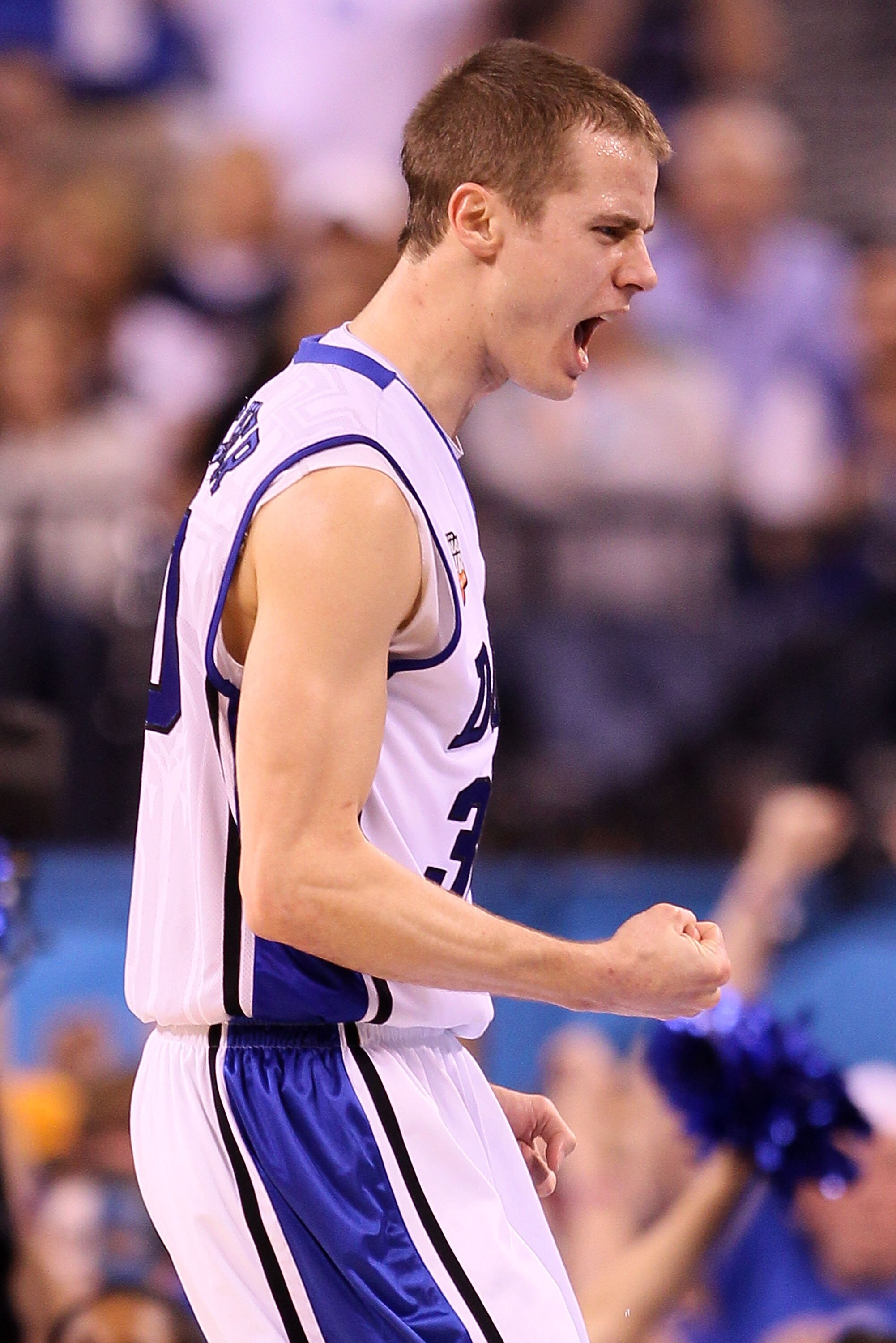 INDIANAPOLIS - APRIL 05:  Jon Scheyer #30 of the Duke Blue Devils reacts in the second half while taking on the Butler Bulldogs during the 2010 NCAA Division I Men's Basketball National Championship game at Lucas Oil Stadium on April 5, 2010 in Indianapol