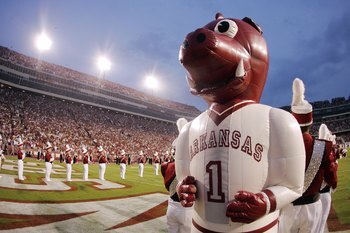 FAYETTEVILLE, AR - SEPTEMBER 02:  An inflatable mascot from the University of Arkansas Razorbacks awaits the teams entrance for a game against the University of Southern California Trojans on September 2, 2006 at Donald W. Reynolds Razorback Stadium in Fa