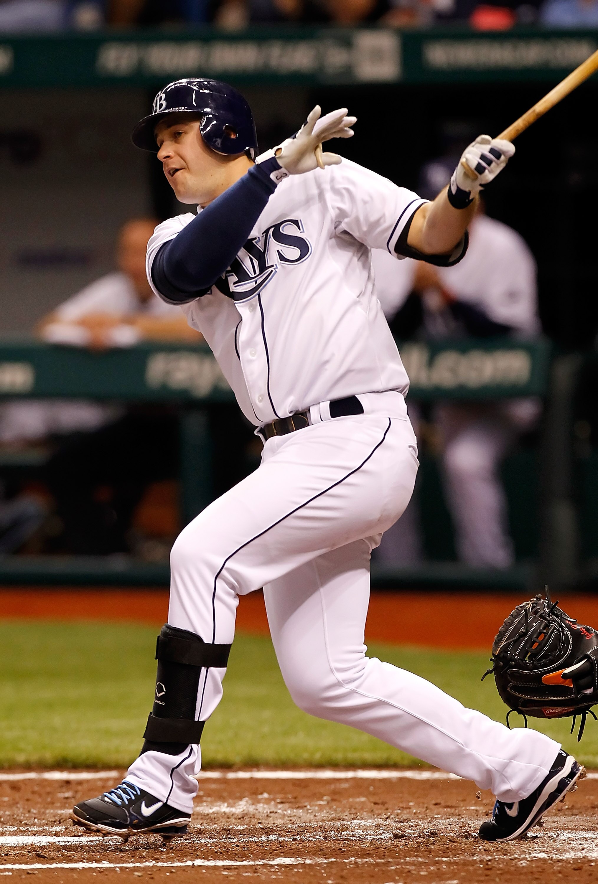 ST. PETERSBURG, FL - MAY 14:  Infielder Evan Longoria #3 of the Tampa Bay Rays fouls off a pitch against the Baltimore Orioles during the game at Tropicana Field on May 14, 2011 in St. Petersburg, Florida.  (Photo by J. Meric/Getty Images)