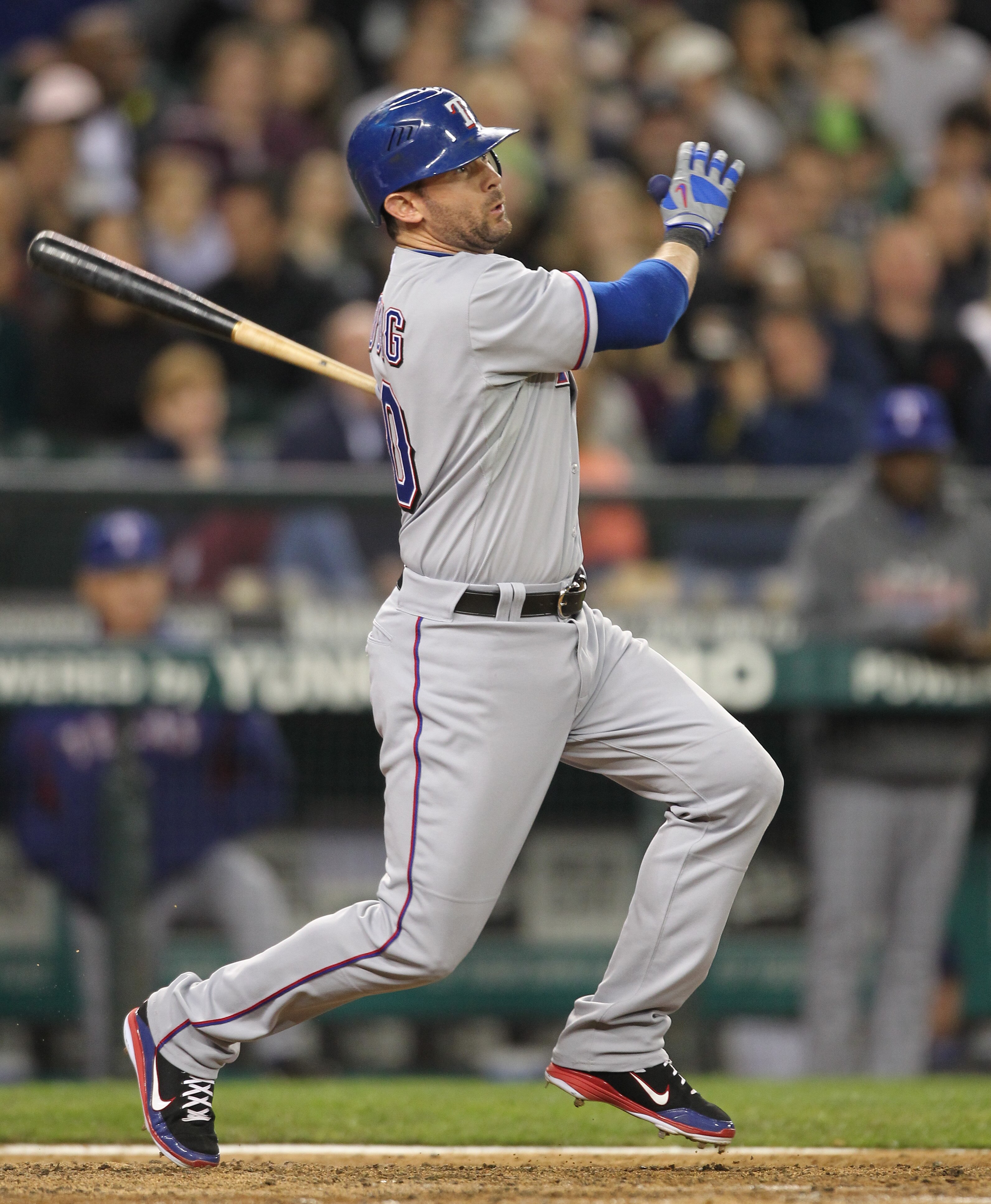 SEATTLE - MAY 04:  Michael Young #10 of the Texas Rangers bats against the Seattle Mariners at Safeco Field on May 4, 2011 in Seattle, Washington. (Photo by Otto Greule Jr/Getty Images)