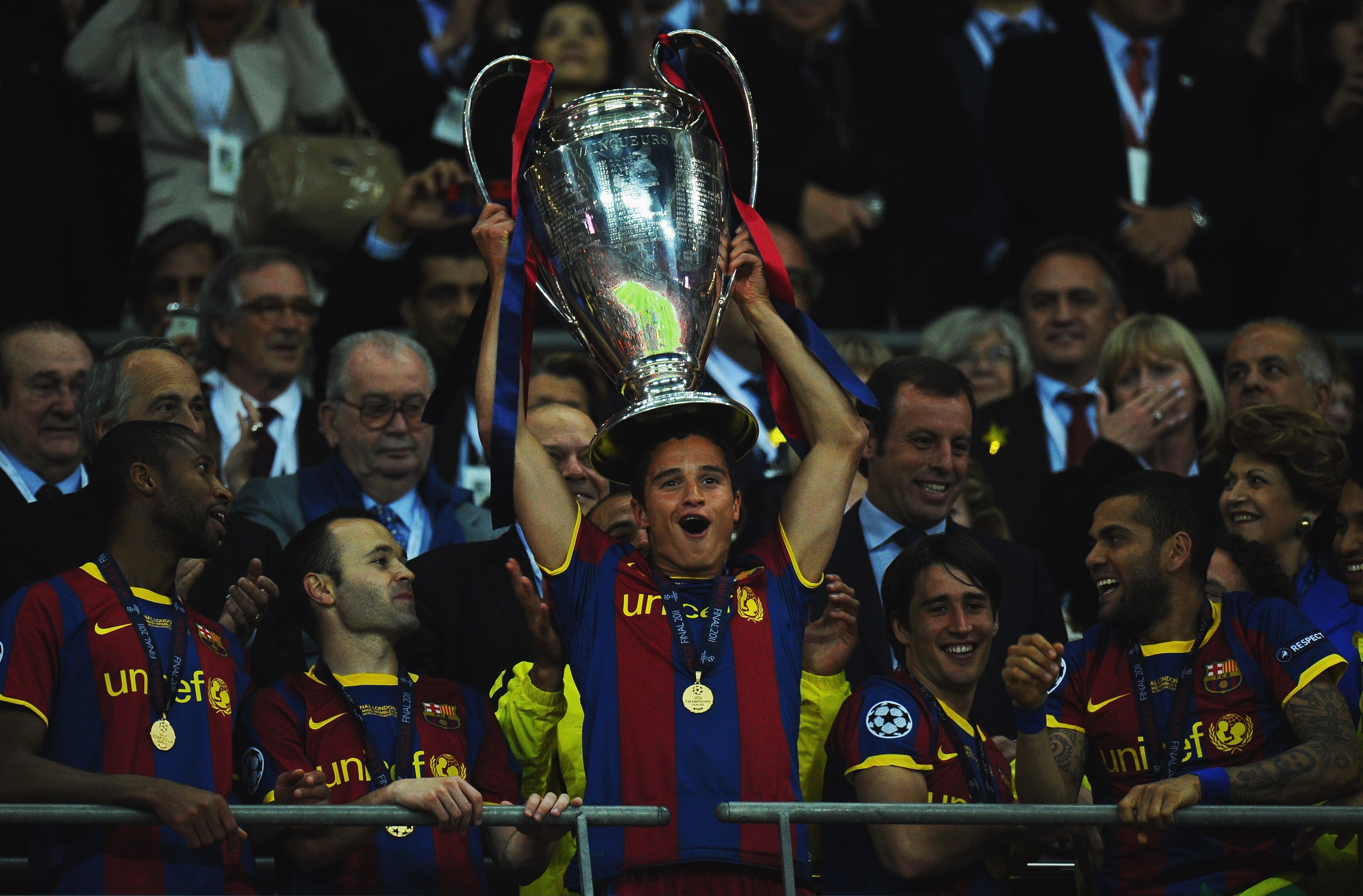 LONDON, ENGLAND - MAY 28:  Ibrahim Afellay of FC Barcelona (C) lifts the trophy in celebration after victory in the UEFA Champions League final between FC Barcelona and Manchester United FC at Wembley Stadium on May 28, 2011 in London, England.  (Photo by