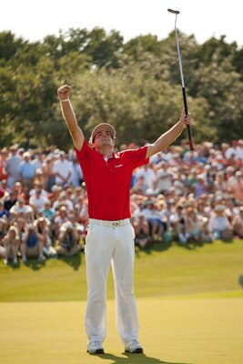IRVING, TX - MAY 29: Keegan Bradley raises his arms to celebrate his victory at the HP Byron Nelson Championship at TPC Four Seasons at Las Colinas on May 29, 2011 in Irving, Texas. (Photo by Darren Carroll/Getty Images) IRVING, TX - MAY 29: Keegan Bradley raises his arms to celebrate his victory at the HP Byron Nelson Championship at TPC Four Seasons at Las Colinas on May 29, 2011 in Irving, Texas. (Photo by Darren Carroll/Getty Images)