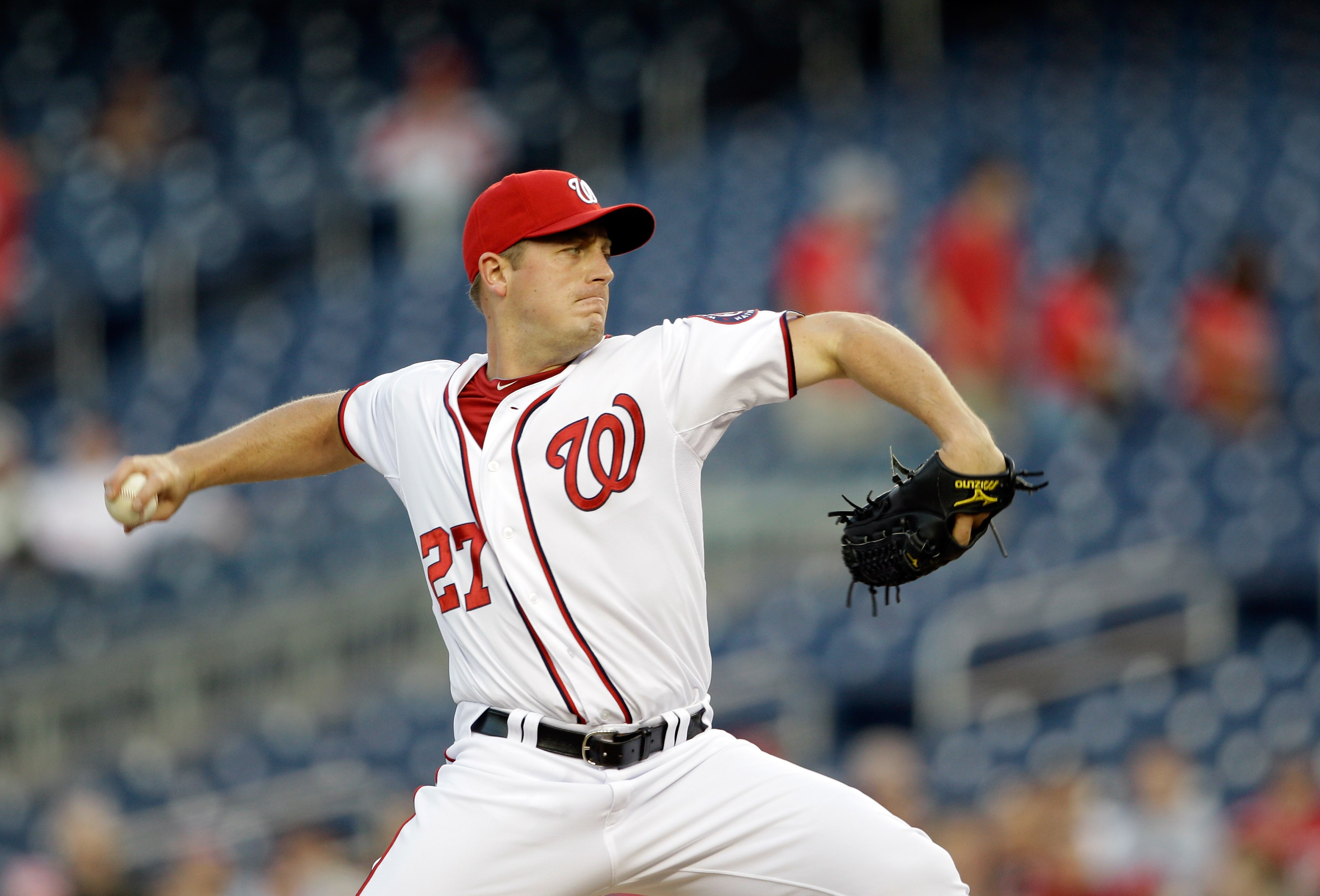 WASHINGTON, DC - APRIL 14:  Starting pitcher Jordan Zimmermann #27 of the Washington Nationals delivers to a Philadelphia Phillies batter at Nationals Park on April 14, 2011 in Washington, DC.  (Photo by Rob Carr/Getty Images)