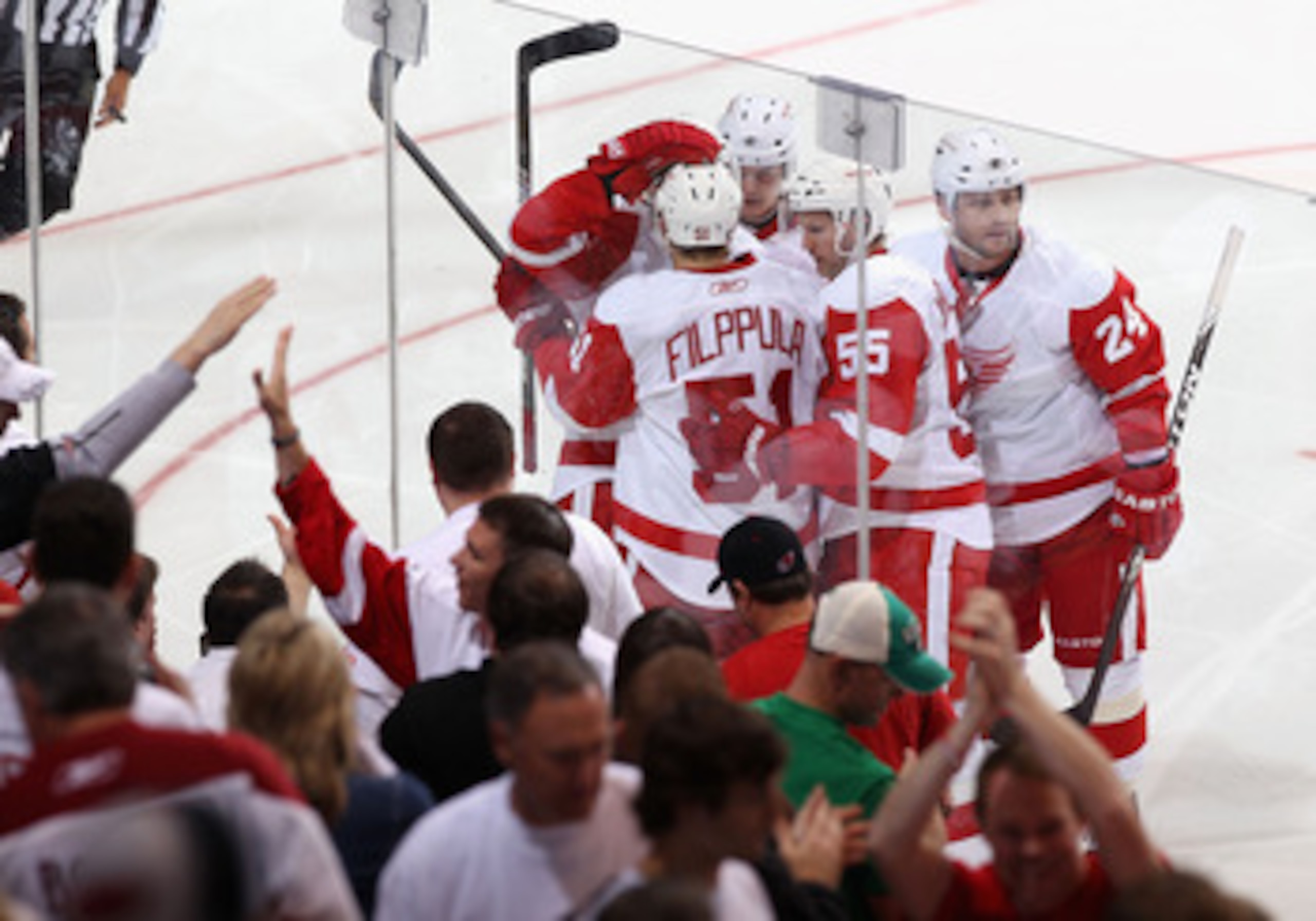 GLENDALE, AZ - APRIL 18:  The Detroit Red Wings celebrate after Valtteri Filppula #51 scored a second period goal against the Phoenix Coyotes in Game Three of the Western Conference Quarterfinals during the 2011 NHL Stanley Cup Playoffs at Jobing.com Aren