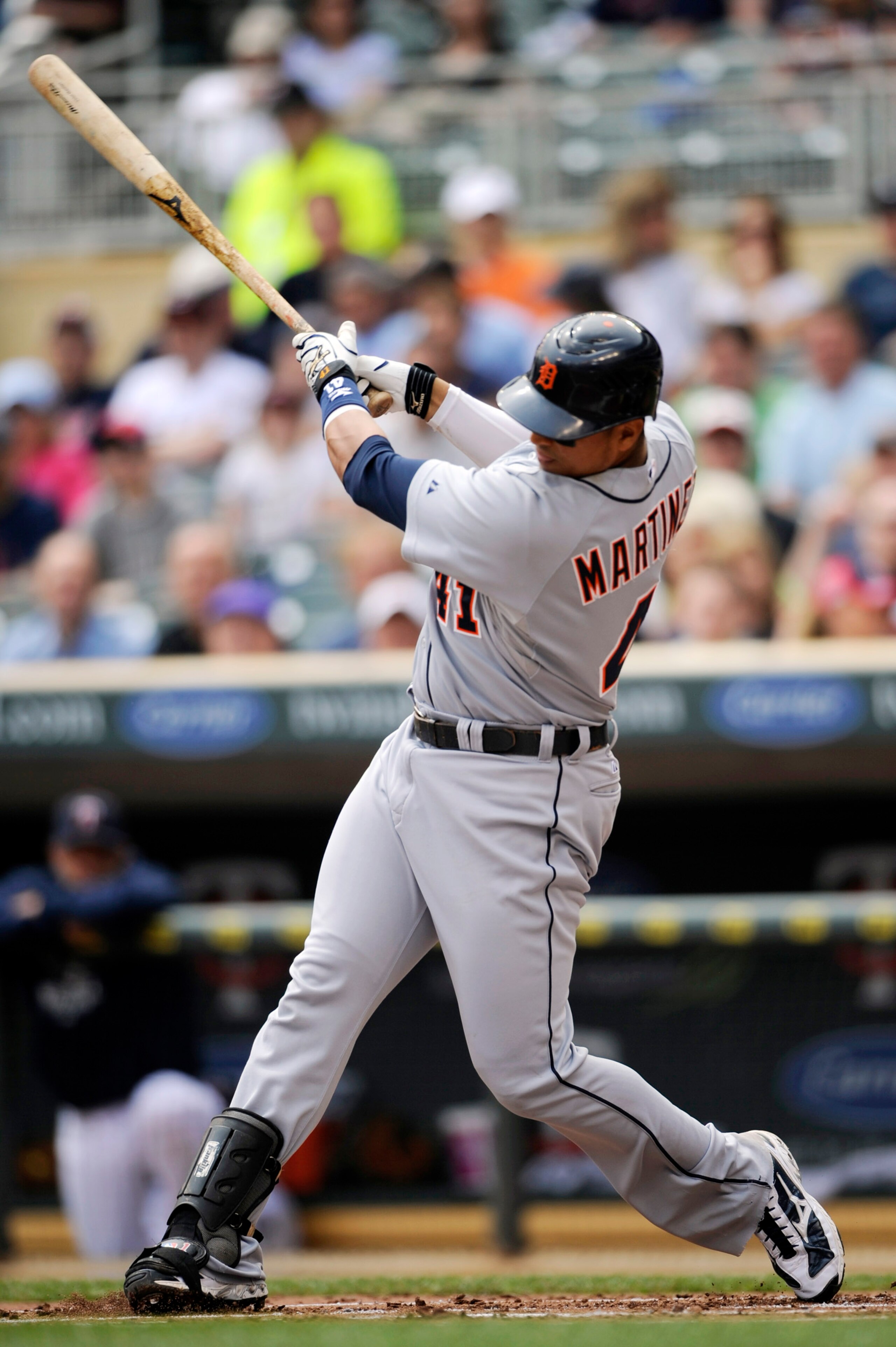 MINNEAPOLIS, MN - MAY 11: Victor Martinez #41 of the Detroit Tigers hits an RBI single against the Minnesota Twins during in the first inning of their game on May 11, 2011 at Target Field in Minneapolis, Minnesota. (Photo by Hannah Foslien/Getty Images)