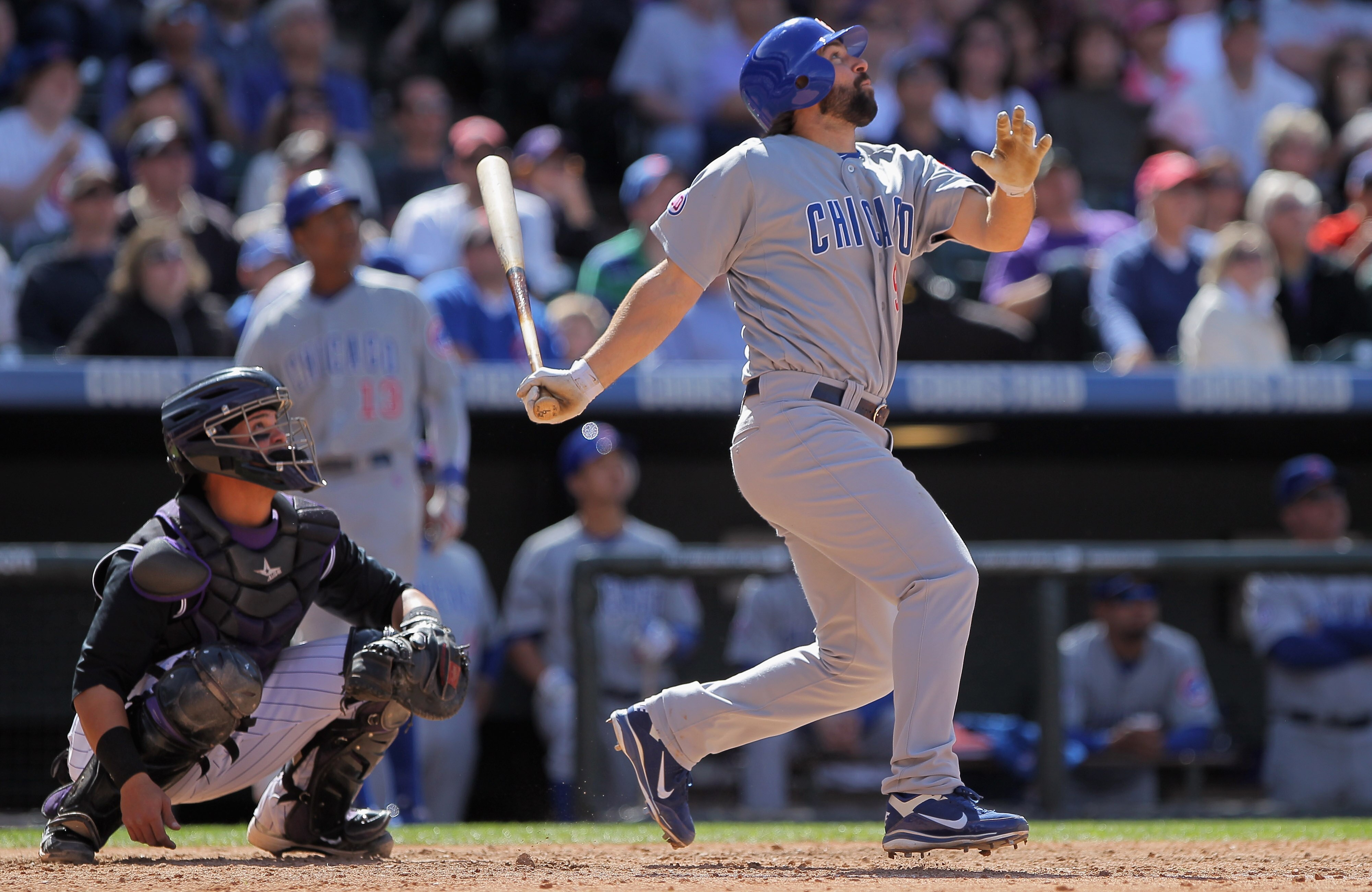 DENVER, CO - APRIL 17:  Blake DeWitt #9 of the Chicago Cubs takes an at bat against the Colorado Rockies at Coors Field on April 17, 2011 in Denver, Colorado.  (Photo by Doug Pensinger/Getty Images)