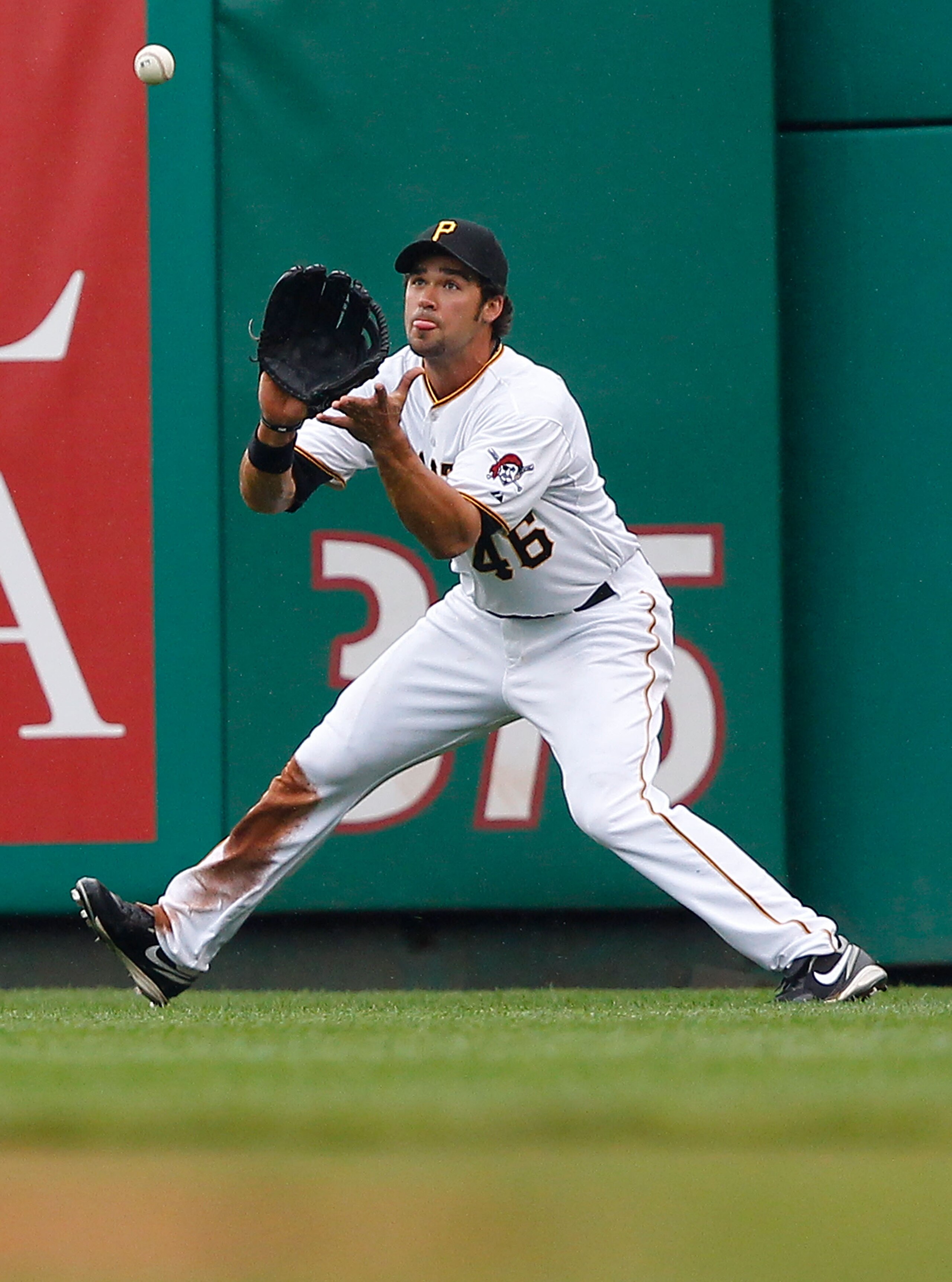 PITTSBURGH - APRIL 24: Garrett Jones #46 of the Pittsburgh Pirates makes a catch in the outfield against the Washington Nationals during the game on April 24, 2011 at PNC Park in Pittsburgh, Pennsylvania.  (Photo by Jared Wickerham/Getty Images)