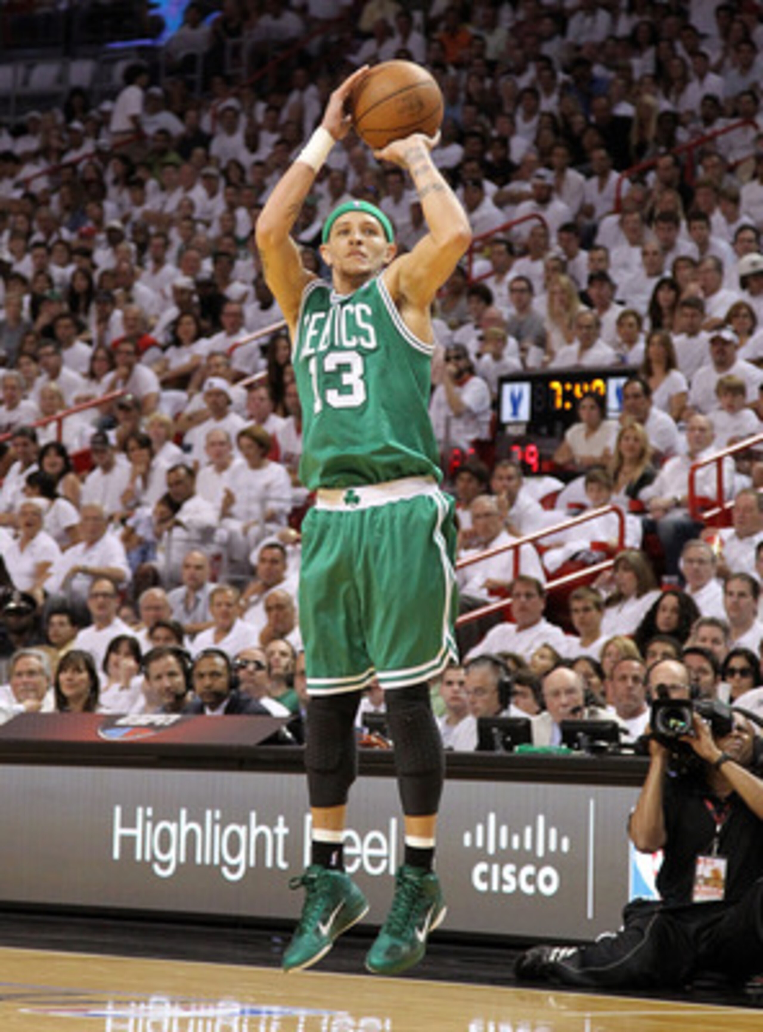 MIAMI, FL - MAY 01:  Delonte West #13  of the Boston Celtics shoots  during game one of the Eastern Conference Semifinals of the 2011 NBA Playoffs against the Miami Heat at American Airlines Arena on May 1, 2011 in Miami, Florida. NOTE TO USER: User expre