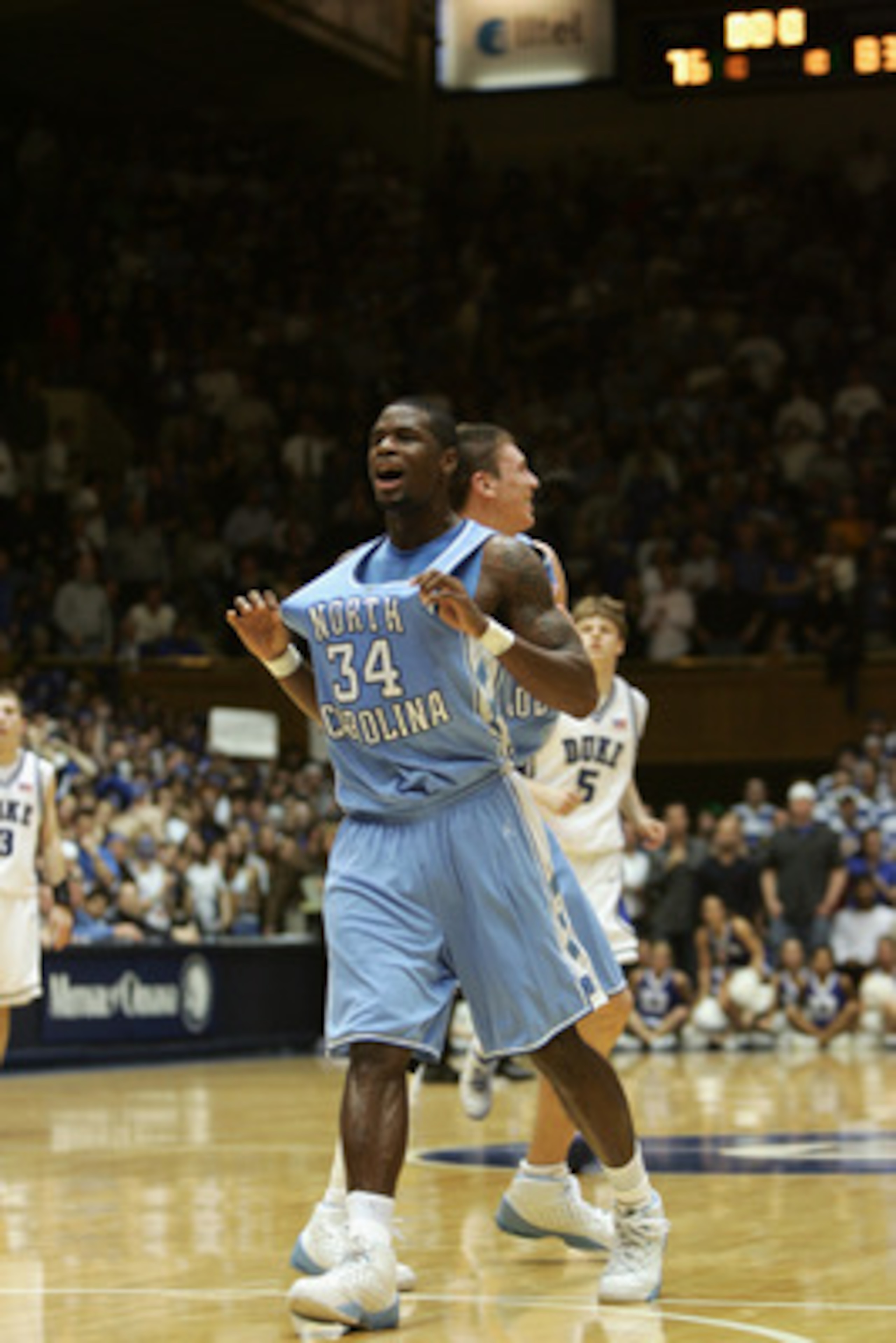 DURHAM, NC - MARCH 4:  David Noel #34 of the University of North Carolina at Chapel Hill Tar Heels celebrates during the game against the Duke University Blue Devils on March 4, 2006 at Cameron Indoor Stadium in Durham, North Carolina. North Carolina won 