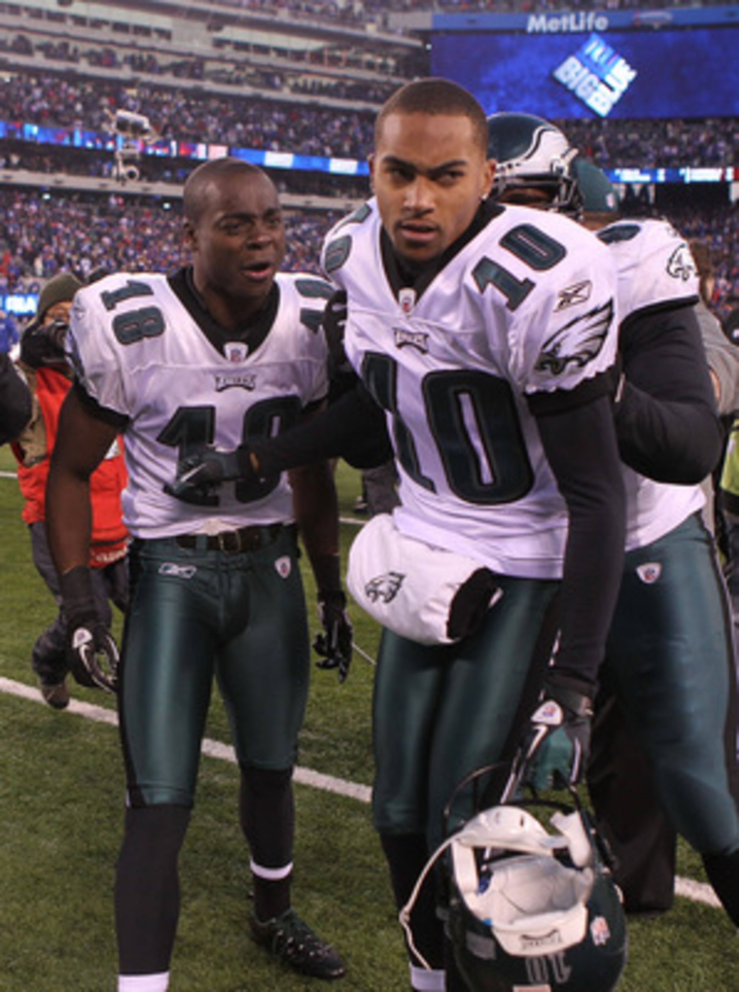 EAST RUTHERFORD, NJ - DECEMBER 19:  DeSean Jackson #10 of the Philadelphia Eagles celebrates his game winning touchdown with teammates Jeremy Maclin #18 and Brodrick Bunkley #97 against the New York Giants at New Meadowlands Stadium on December 19, 2010 i