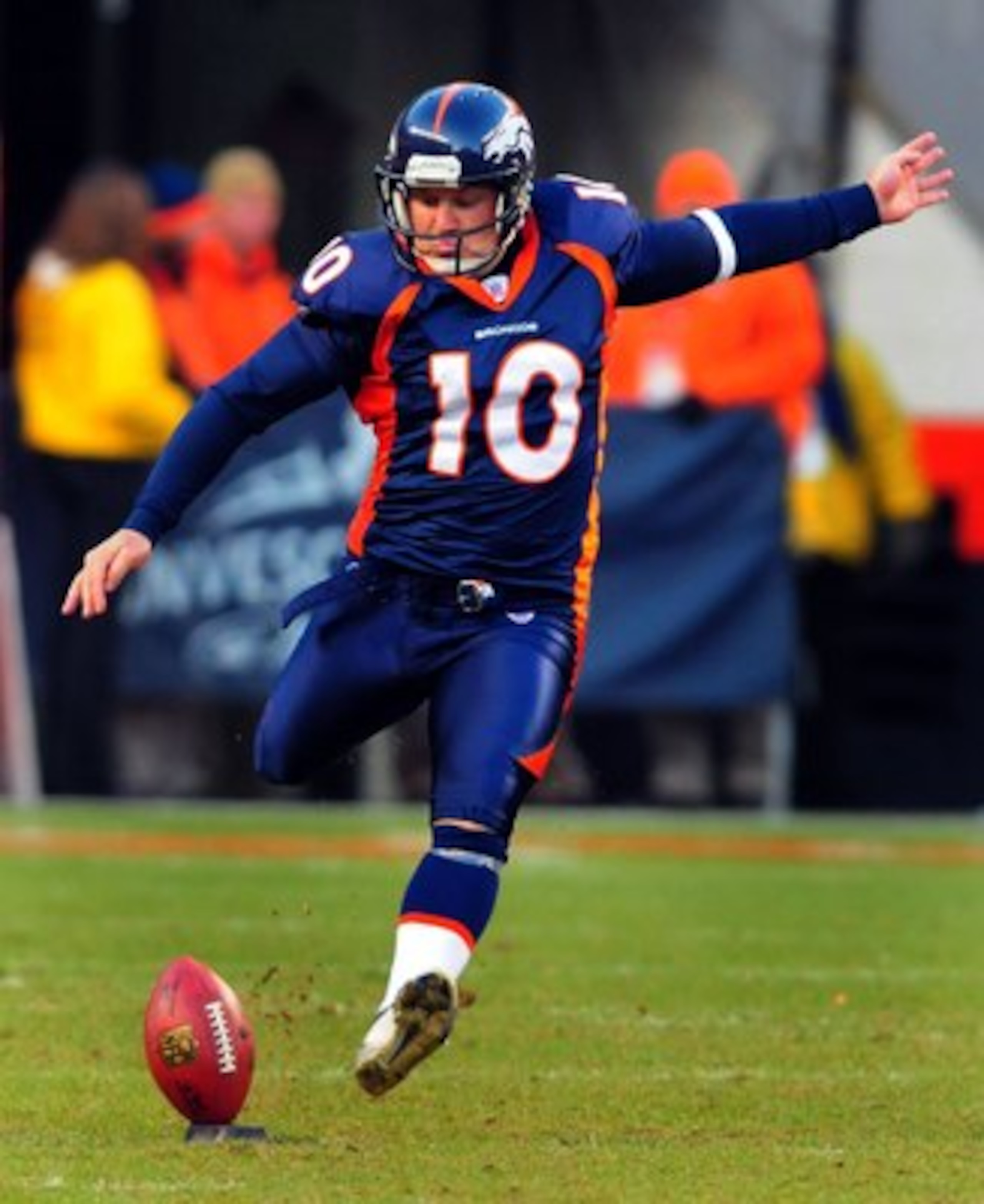DENVER - DECEMBER 9:  Todd Sauerbrun #10 of the Denver Broncos kicks off during the football game against the Kansas City Chiefs at Invesco Field at Mile High on December 9, 2007 in Denver, Colorado.  (Photo by Steve Dykes/Getty Images)