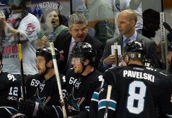 SAN JOSE, CA - MAY 20:  Head Coach Todd McLellan of the San Jose Sharks yells to players in the bench area in Game Three of the Western Conference Finals against the Vancouver Canucks during the 2011 Stanley Cup Playoffs at HP Pavilion on May 20, 2011 in 