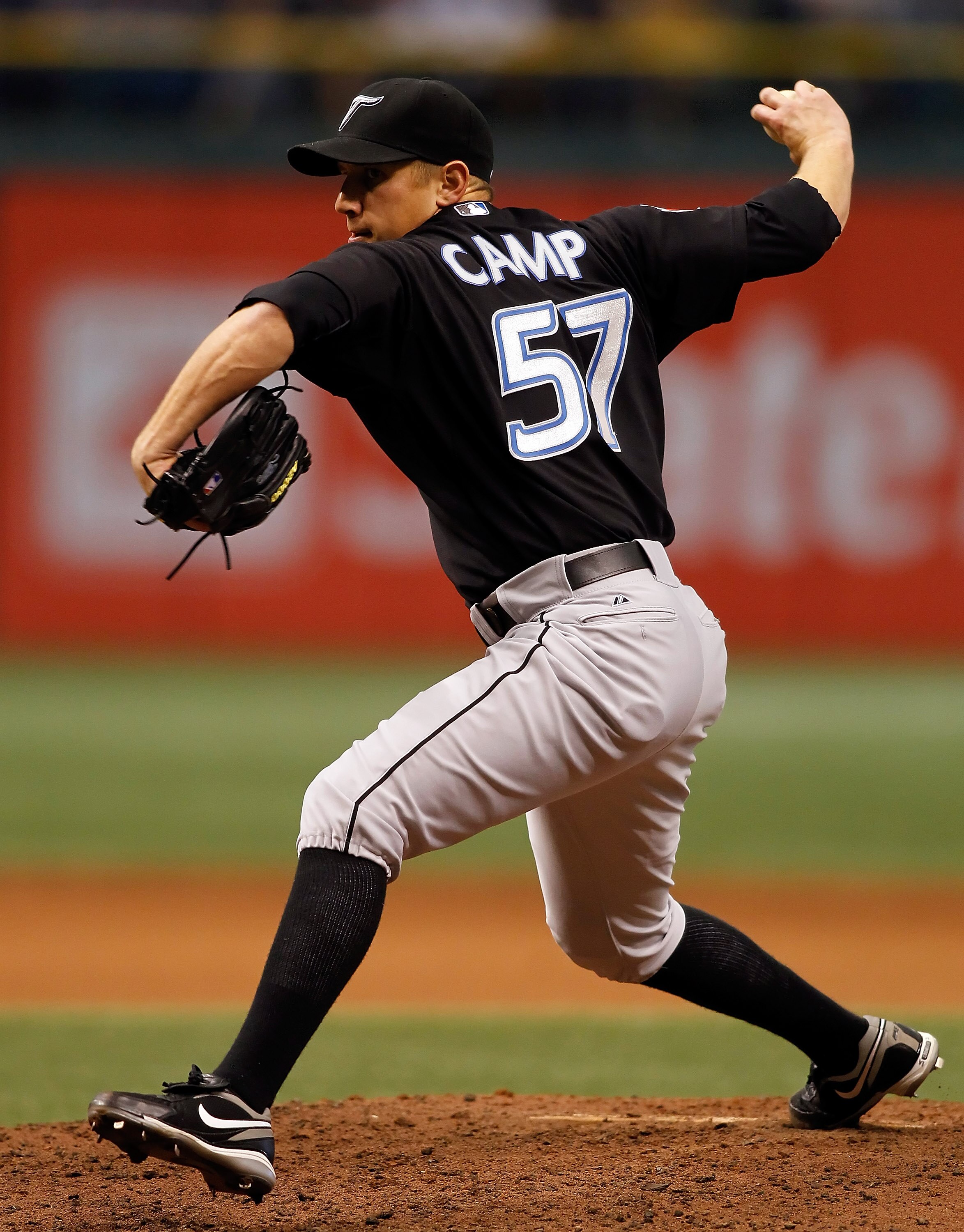 ST. PETERSBURG - APRIL 25:  Pitcher Shawn Camp #57 of the Toronto Blue Jays pitches against the Tampa Bay Rays during the game at Tropicana Field on April 25, 2010 in St. Petersburg, Florida.  (Photo by J. Meric/Getty Images)
