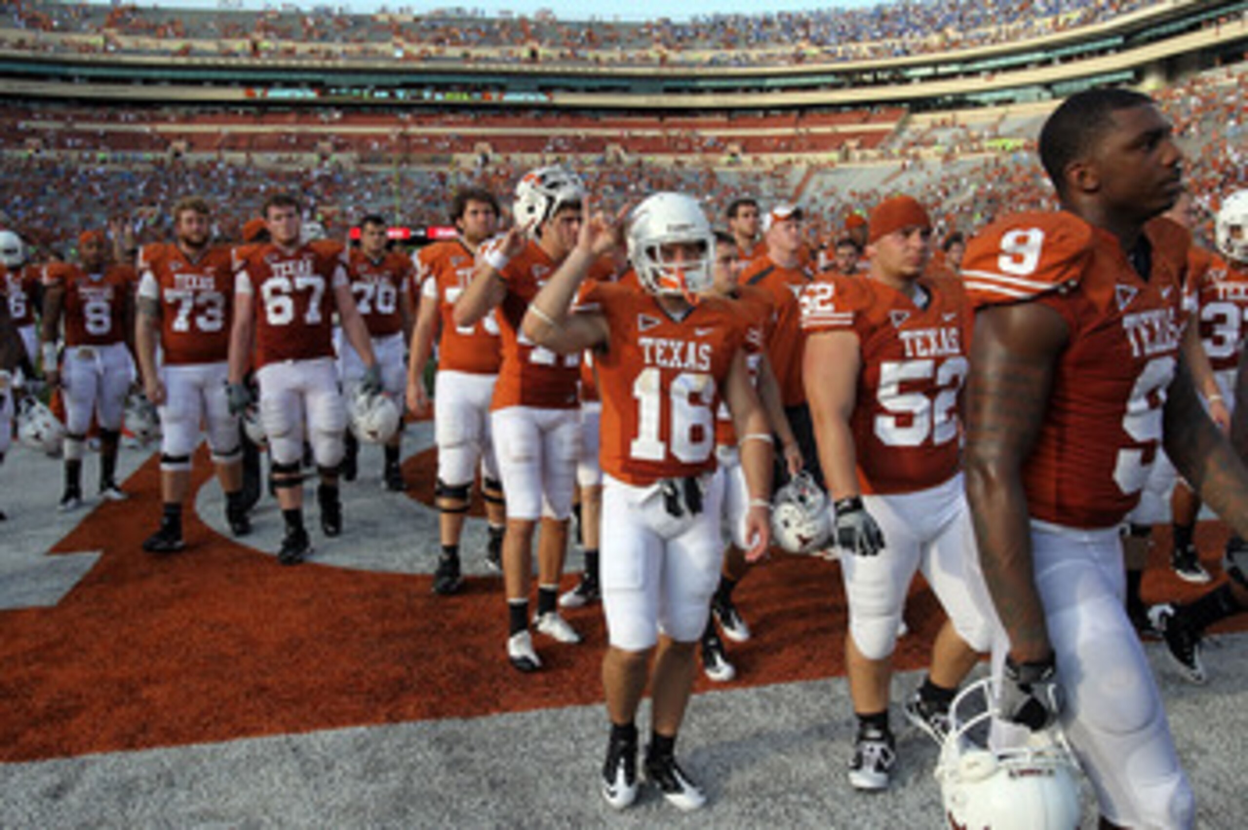 AUSTIN, TX - SEPTEMBER 25:  The Texas Longhorns walk off the field after a 34-12 loss against the UCLA Bruins at Darrell K Royal-Texas Memorial Stadium on September 25, 2010 in Austin, Texas.  (Photo by Ronald Martinez/Getty Images)