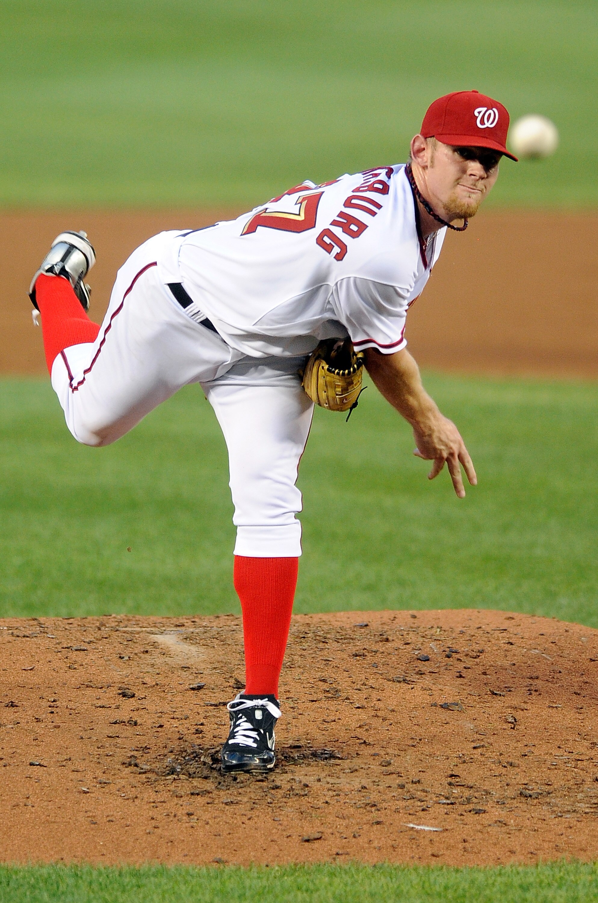 WASHINGTON - AUGUST 10:  Stephen Strasburg #37 of the Washington Nationals pitches against the Florida Marlins at Nationals Park on August 10, 2010 in Washington, DC.  (Photo by Greg Fiume/Getty Images)