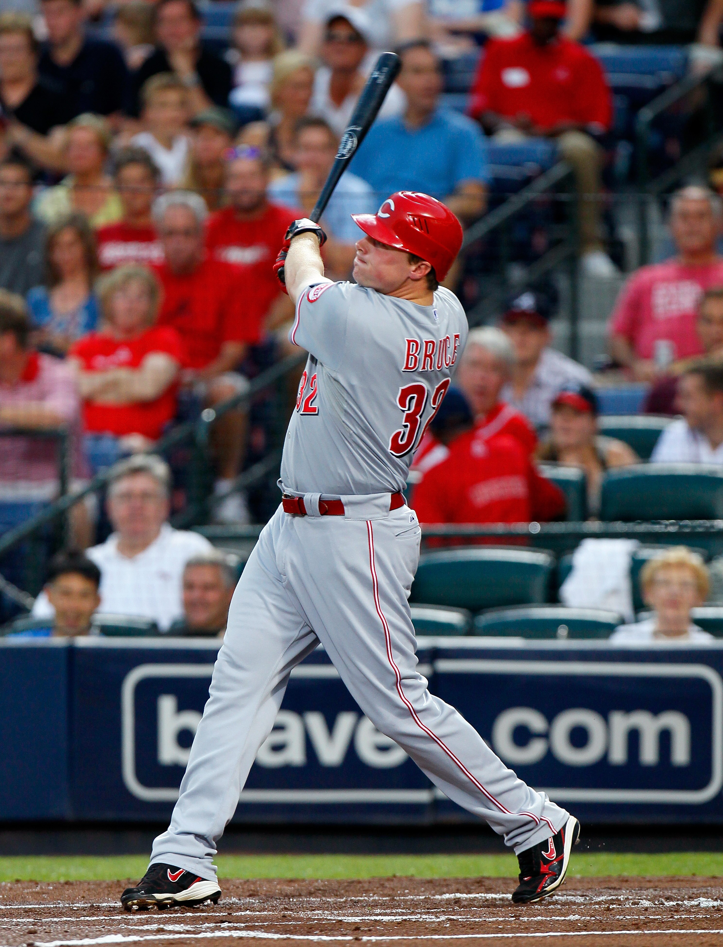 ATLANTA, GA - MAY 29:  Jay Bruce #32 of the Cincinnati Reds hits a solo homer in the second inning against the Atlanta Braves at Turner Field on May 29, 2011 in Atlanta, Georgia.  (Photo by Kevin C. Cox/Getty Images)
