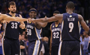 OKLAHOMA CITY, OK - MAY 15:  (L-R) Marc Gasol #33, Zach Randolph #50, O.J. Mayo #32 and Tony Allen #9 of the Memphis Grizzlies before play against the Oklahoma City Thunder in Game Seven of the Western Conference Semifinals in the 2011 NBA Playoffs on May