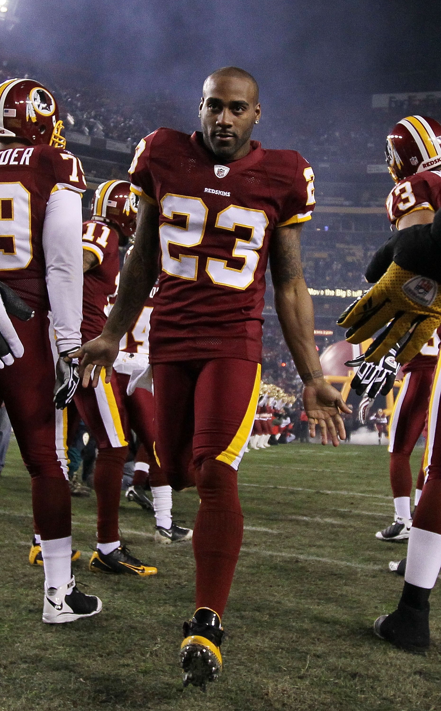 LANDOVER, MD - DECEMBER 21:  DeAngelo Hall #23 of the Washington Redskins is introduced before the game against the New York Giants during their game on December 21, 2009 at Fedex Field in Landover, Maryland.  (Photo by Al Bello/Getty Images)