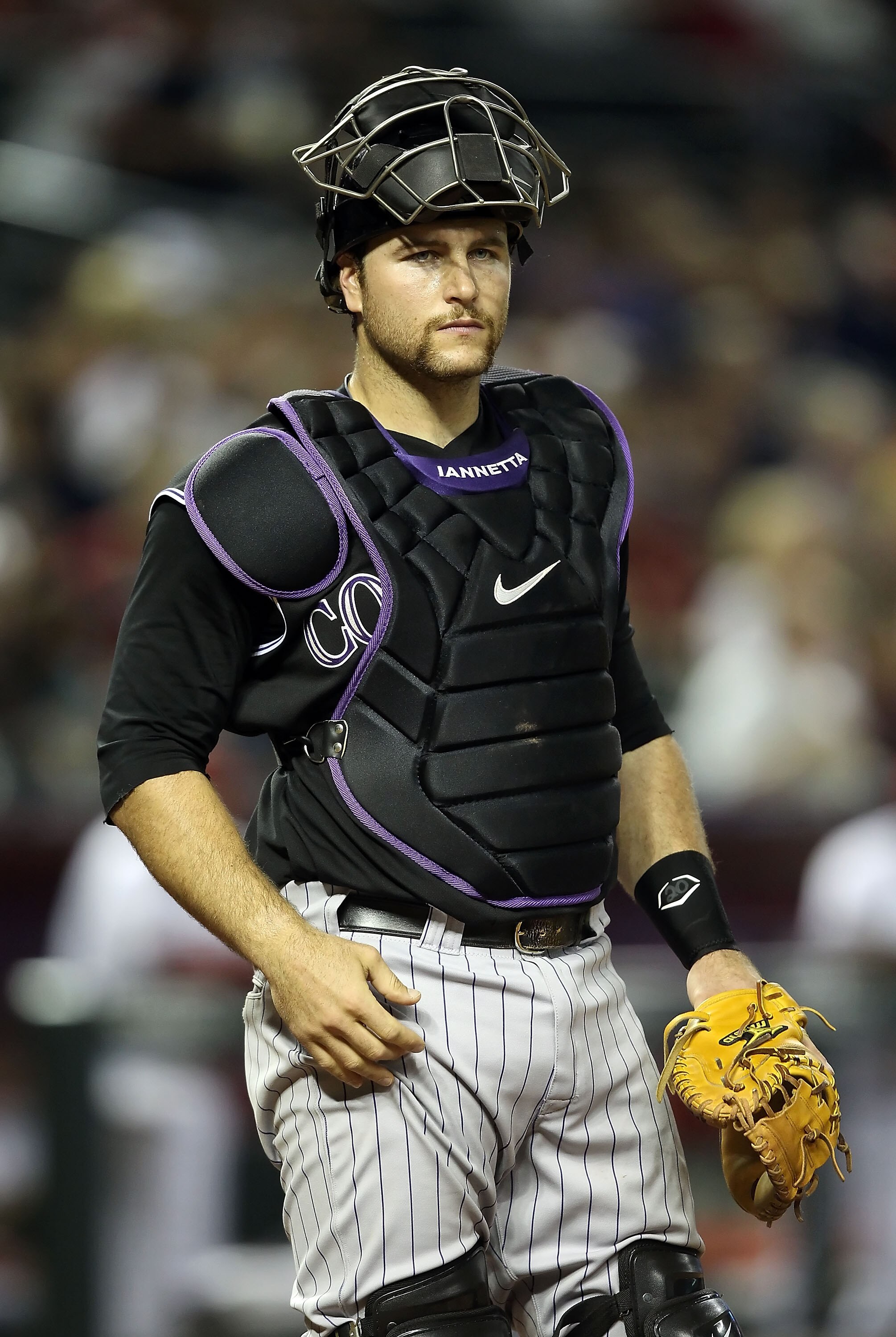 PHOENIX, AZ - MAY 03:  Catcher Chris Iannetta #20 of the Colorado Rockies in action during the Major League Baseball game against the Arizona Diamondbacks at Chase Field on May 3, 2011 in Phoenix, Arizona.  The Diamondbacks defeated the Rockies 4-3.  (Pho