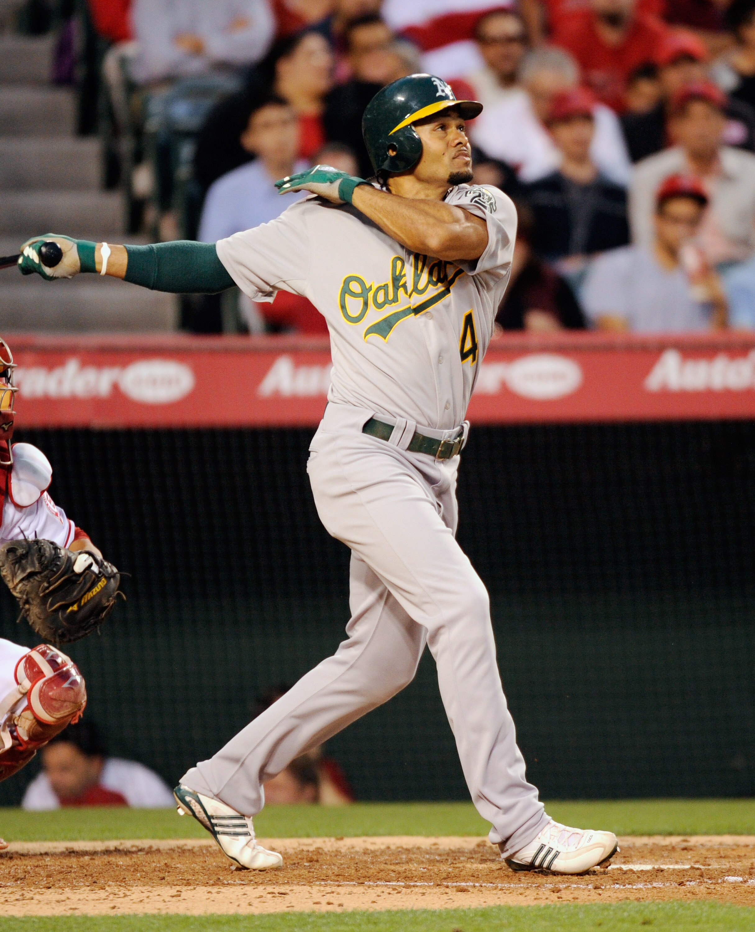 ANAHEIM, CA - MAY 25:  Coco Crisp #4 the Oakland Athletics during the baseball game against the Los Angeles Angels of Anaheim at Angel Stadium of Anaheim on May 25, 2011 in Anaheim, California.  (Photo by Kevork Djansezian/Getty Images)
