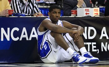 CHARLOTTE, NC - MARCH 20:  Kyrie Irving #1 of the Duke Blue Devils waits to enter the game while taking on the Michigan Wolverines during the third round of the 2011 NCAA men's basketball tournament at Time Warner Cable Arena on March 20, 2011 in Charlott