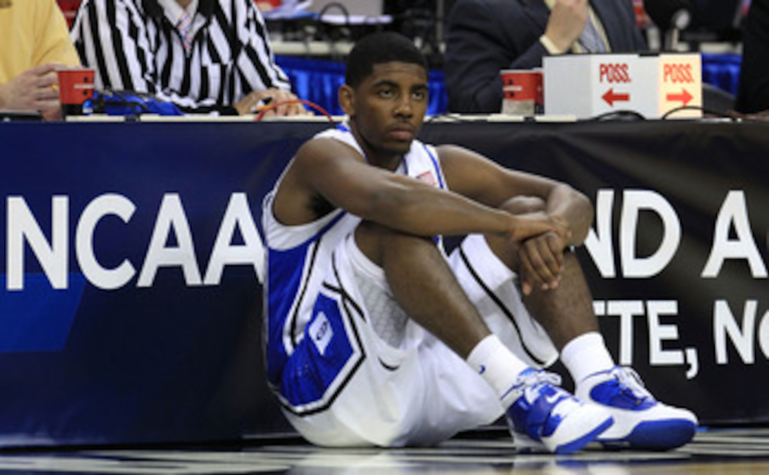 CHARLOTTE, NC - MARCH 20:  Kyrie Irving #1 of the Duke Blue Devils waits to enter the game while taking on the Michigan Wolverines during the third round of the 2011 NCAA men's basketball tournament at Time Warner Cable Arena on March 20, 2011 in Charlott