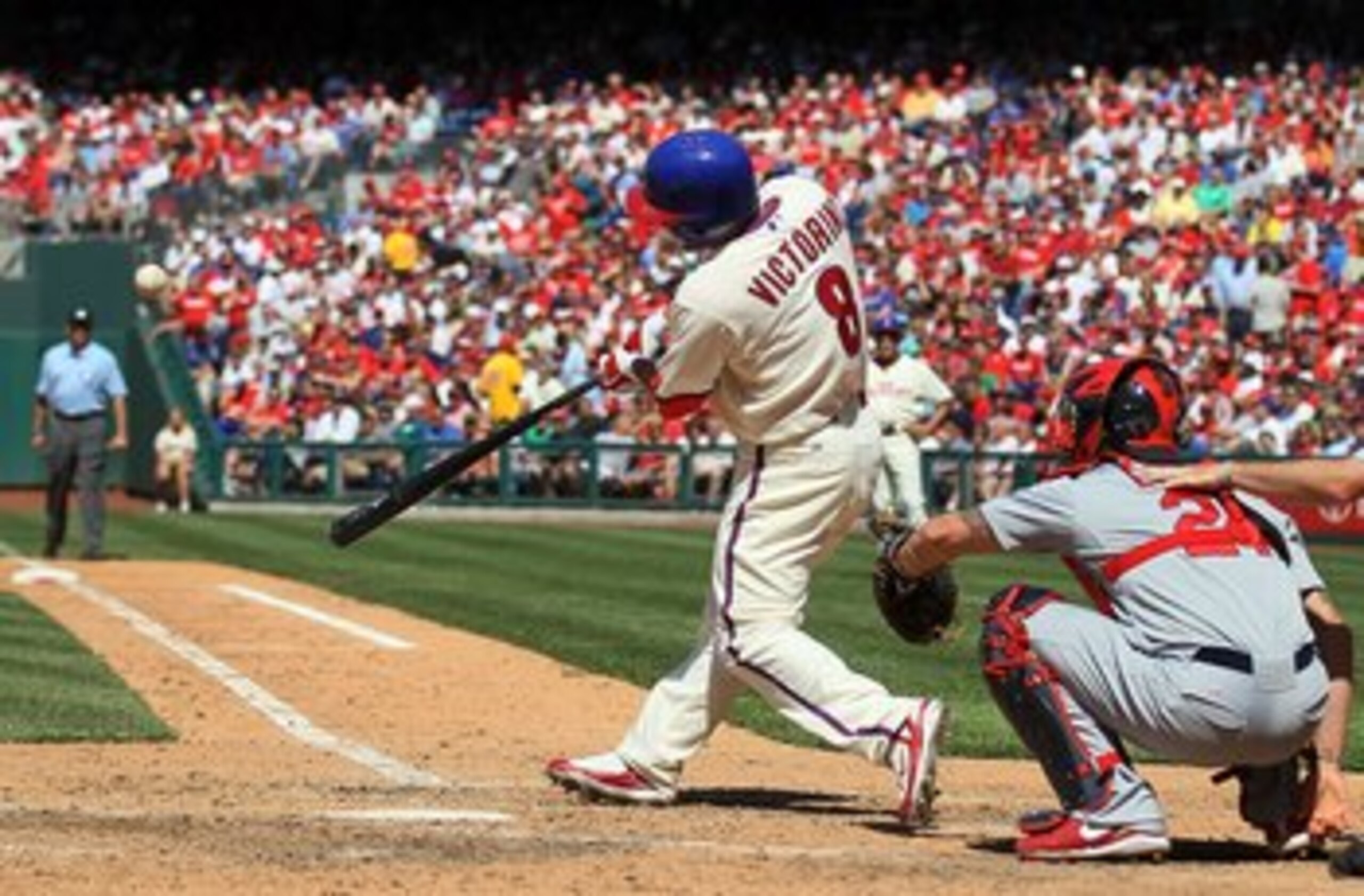 PHILADELPHIA - MAY 06:  Shane Victorino #8 of the Philadelphia Phillies bats against the St. Louis Cardinals at Citizens Bank Park on May 6, 2010 in Philadelphia, Pennsylvania. The Phillies defeated the Cardinals 7-2.  (Photo by Jim McIsaac/Getty Images)
