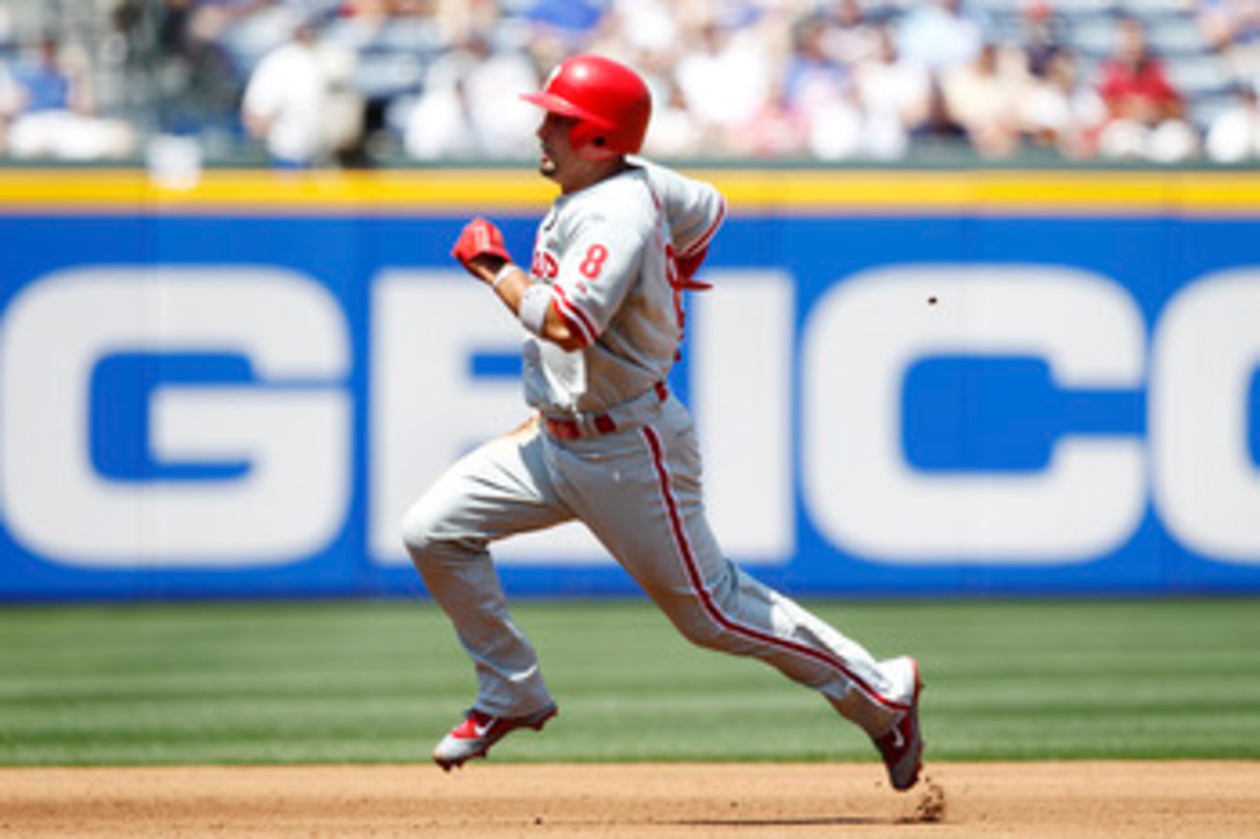 ATLANTA, GA - APRIL 10: Shane Victorino #8 of the Philadelphia Phillies runs the bases against the Atlanta Braves at Turner Field on April 10, 2011 in Atlanta, Georgia. The Phillies won 3-0. (Photo by Joe Robbins/Getty Images)