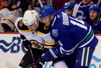 VANCOUVER, CANADA - FEBRUARY 26: Alexandre Burrows #14 of the Vancouver Canucks gets in close to Milan Lucic #17 of the Boston Bruins on a face-off during the third period in NHL action on February 26, 2011 at Rogers Arena in Vancouver, British Columbia,