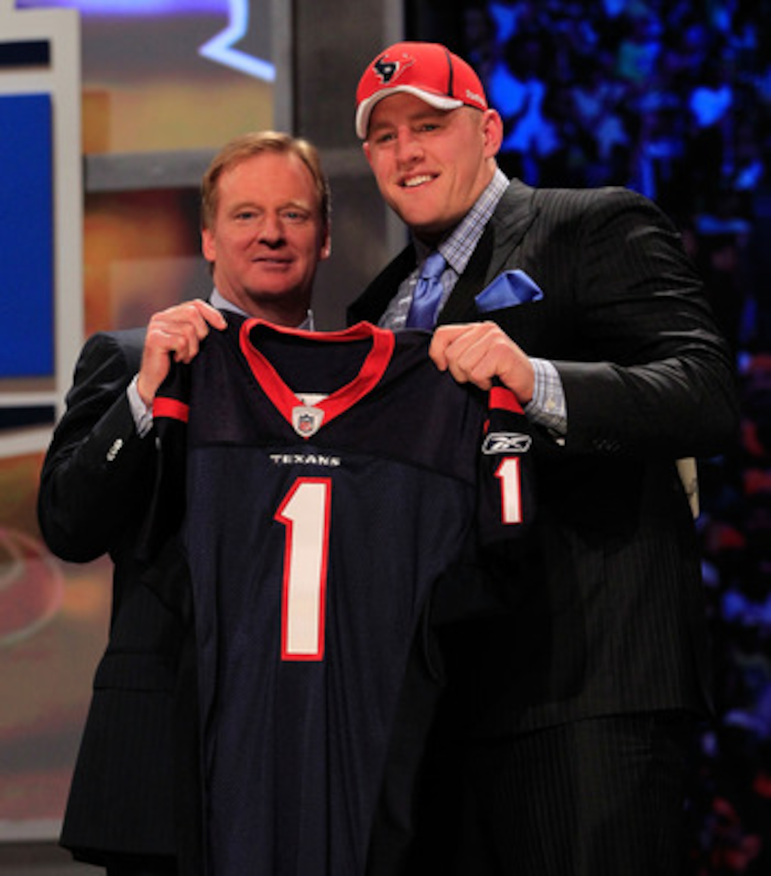 NEW YORK, NY - APRIL 28:  NFL Commissioner Roger Goodell, poses for a photo with J.J. Watt, #11 overall pick by the Houston Texans, on stage during the 2011 NFL Draft at Radio City Music Hall on April 28, 2011 in New York City.  (Photo by Chris Trotman/Ge