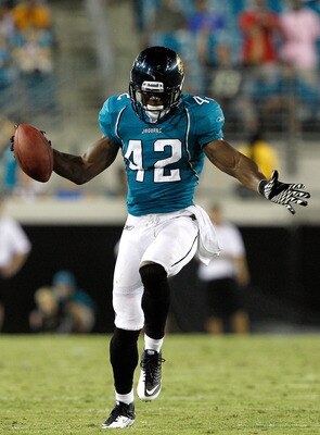 JACKSONVILLE, FL - SEPTEMBER 02: Gerald Alexander #42 of the Jacksonville Jaguars reacts after breaking up a pass during a preseason game against the Atlanta Falcons at EverBank Field on September 2, 2010 in Jacksonville, Florida. (Photo by Sam Greenwoo JACKSONVILLE, FL - SEPTEMBER 02: Gerald Alexander #42 of the Jacksonville Jaguars reacts after breaking up a pass during a preseason game against the Atlanta Falcons at EverBank Field on September 2, 2010 in Jacksonville, Florida. (Photo by Sam Greenwoo