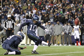 SEATTLE, WA - JANUARY 02:  Kicker Olindo Mare #10 of the Seattle Seahawks kicks a field goal against the St. Louis Rams during their game at Qwest Field on January 2, 2011 in Seattle, Washington.  (Photo by Otto Greule Jr/Getty Images)