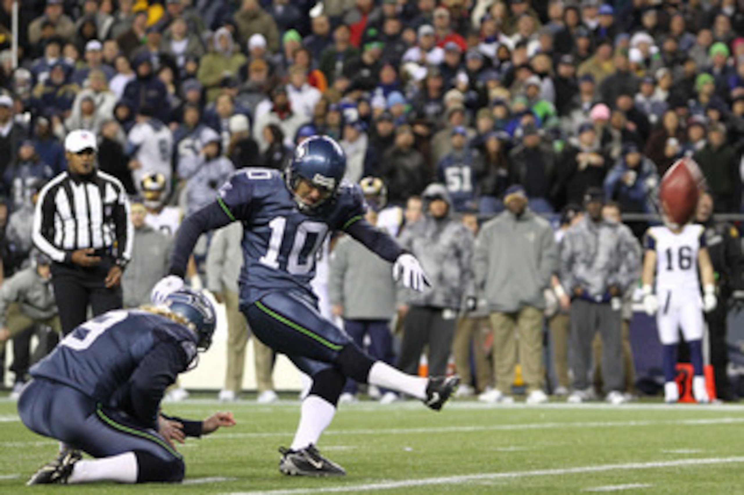 SEATTLE, WA - JANUARY 02: Kicker Olindo Mare #10 of the Seattle Seahawks kicks a field goal against the St. Louis Rams during their game at Qwest Field on January 2, 2011 in Seattle, Washington. (Photo by Otto Greule Jr/Getty Images) SEATTLE, WA - JANUARY 02: Kicker Olindo Mare #10 of the Seattle Seahawks kicks a field goal against the St. Louis Rams during their game at Qwest Field on January 2, 2011 in Seattle, Washington. (Photo by Otto Greule Jr/Getty Images)