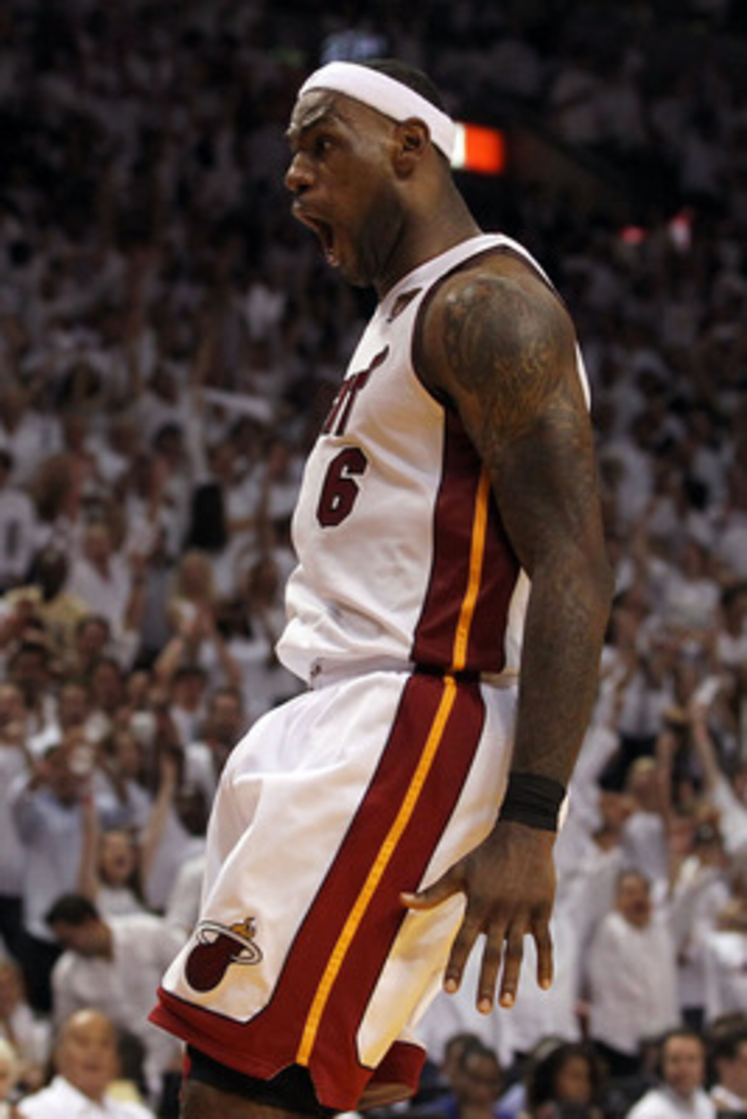 MIAMI, FL - MAY 31:  LeBron James #6 of the Miami Heat reacts in the fourth quarter while taking on the Dallas Mavericks in Game One of the 2011 NBA Finals at American Airlines Arena on May 31, 2011 in Miami, Florida. NOTE TO USER: User expressly acknowle