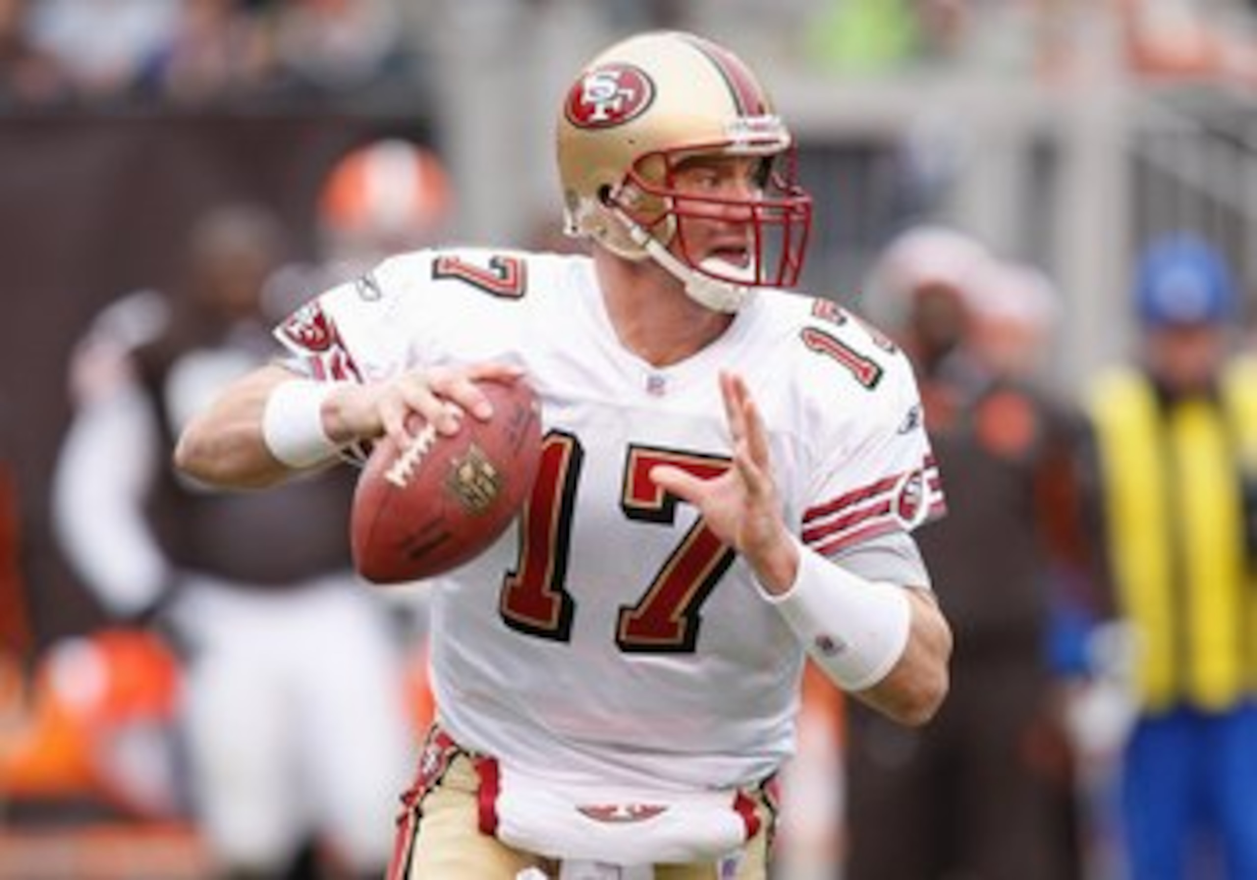 CLEVELAND - DECEMBER 30: Chris Weinke #17 of the San Francisco 49ers looks for an open receiver against the Cleveland Browns on December 30, 2007 at Cleveland Browns Stadium in Cleveland, Ohio. (Photo By Gregory Shamus/Getty Images) CLEVELAND - DECEMBER 30: Chris Weinke #17 of the San Francisco 49ers looks for an open receiver against the Cleveland Browns on December 30, 2007 at Cleveland Browns Stadium in Cleveland, Ohio. (Photo By Gregory Shamus/Getty Images)