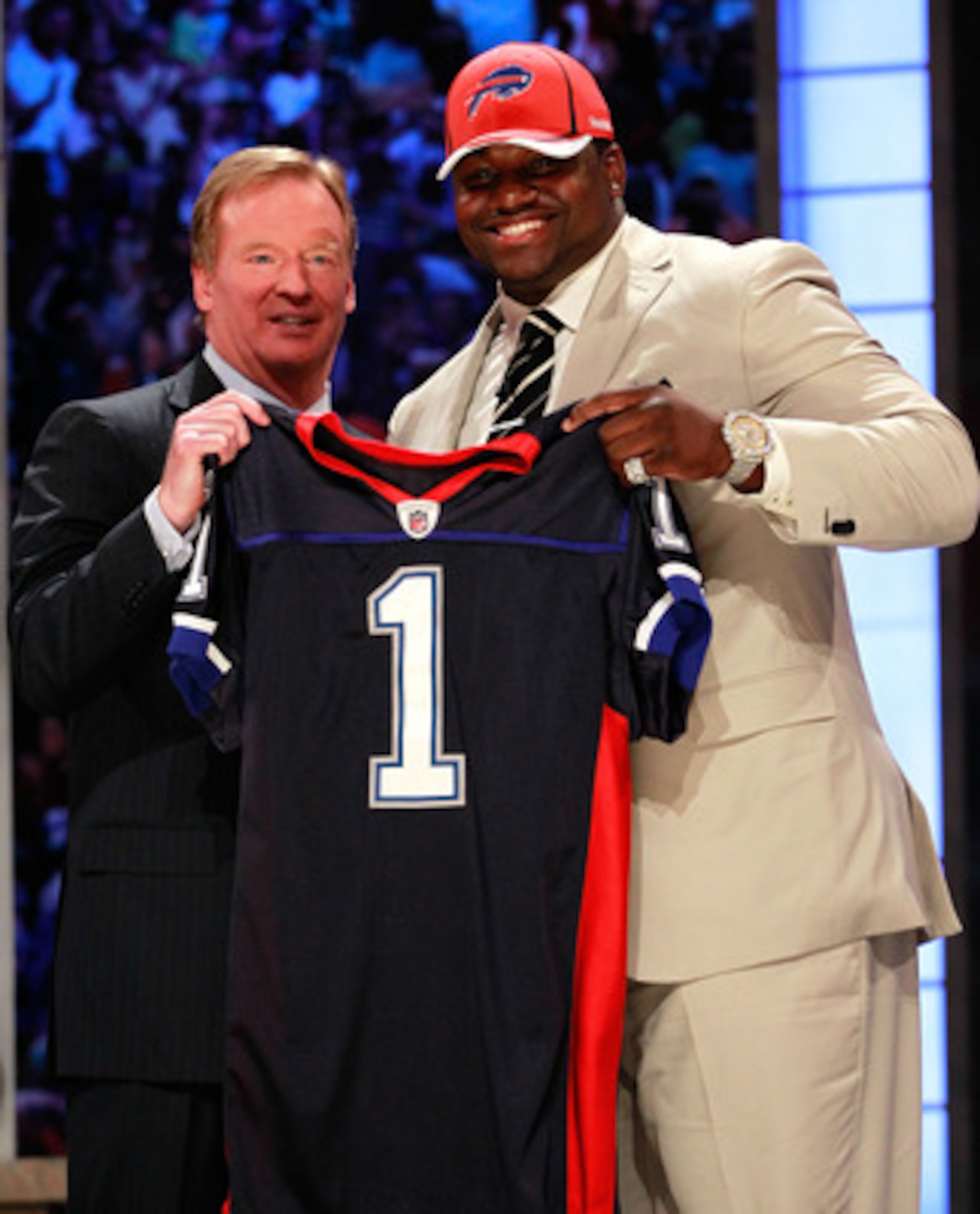 NEW YORK, NY - APRIL 28:  NFL Commissioner Roger Goodell poses for a photo with Marcell Dareus, #3 overall pick by the Buffalo Bills, as Dareus holds up a jersey during the 2011 NFL Draft at Radio City Music Hall on April 28, 2011 in New York City.  (Phot
