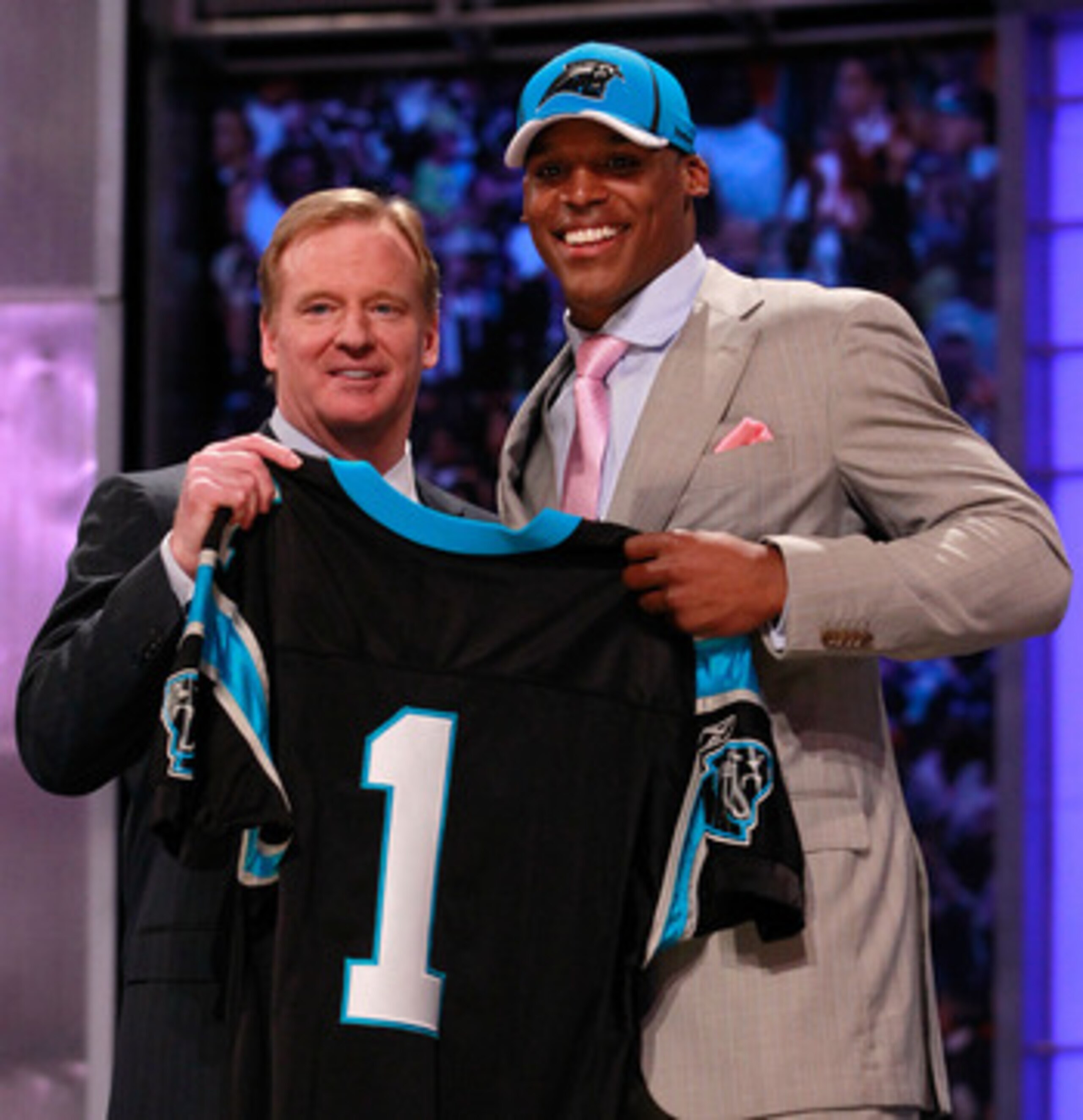 NEW YORK, NY - APRIL 28:  NFL Commissioner Roger Goodell poses for a photo with Carolina Panthers #1 overall pick Cam Newton from the UNiversity of Auburn during the 2011 NFL Draft at Radio City Music Hall on April 28, 2011 in New York City.  (Photo by Ch