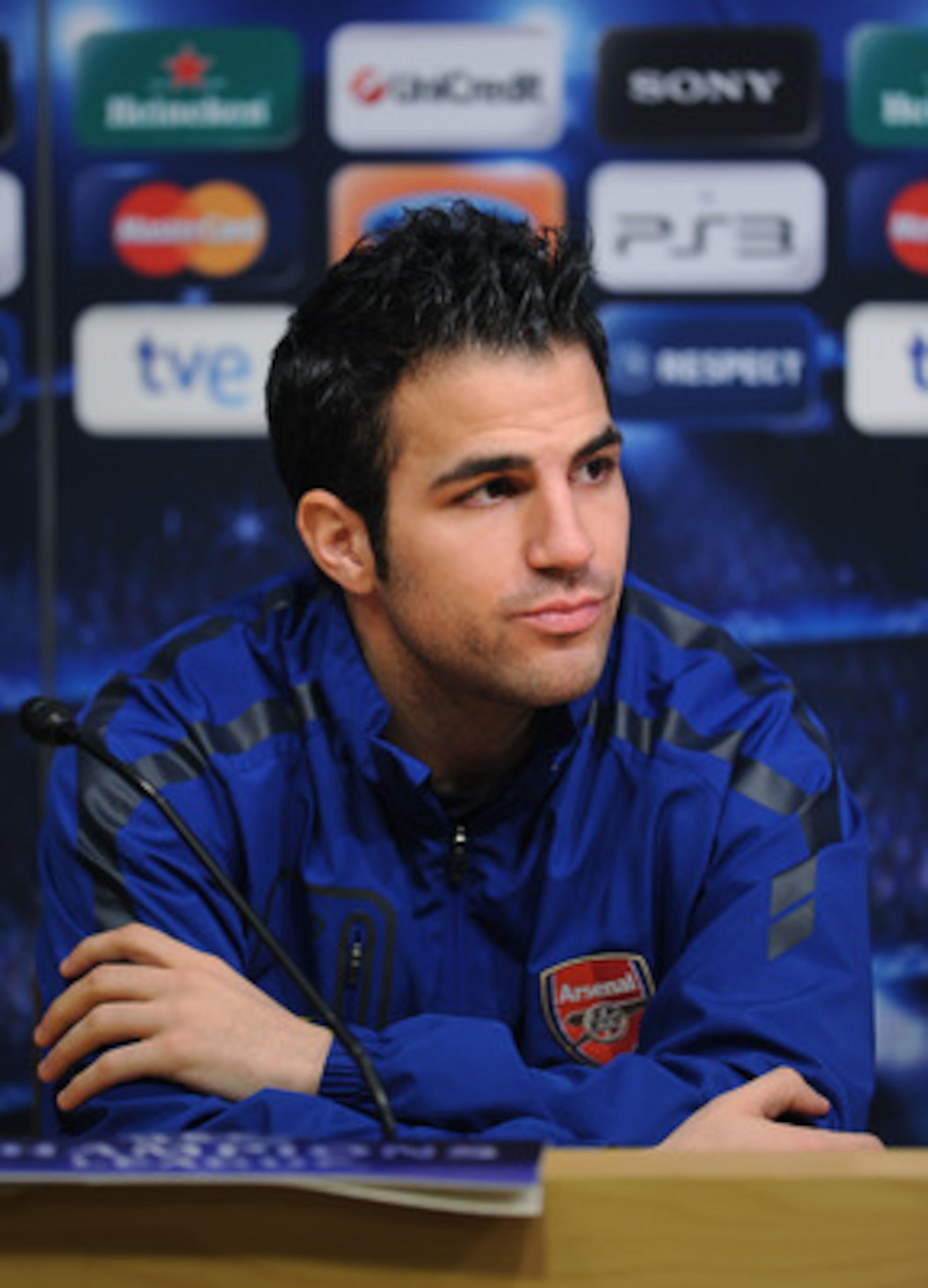 BARCELONA, SPAIN - MARCH 07: Cesc Fabregas of Arsenal looks on during a press conference ahead of their UEFA Champions League round of 16 second leg match against Barcelona at the Camp Nou stadium on March 7, 2011 in Barcelona, Spain. (Photo by Jasper J BARCELONA, SPAIN - MARCH 07: Cesc Fabregas of Arsenal looks on during a press conference ahead of their UEFA Champions League round of 16 second leg match against Barcelona at the Camp Nou stadium on March 7, 2011 in Barcelona, Spain. (Photo by Jasper J
