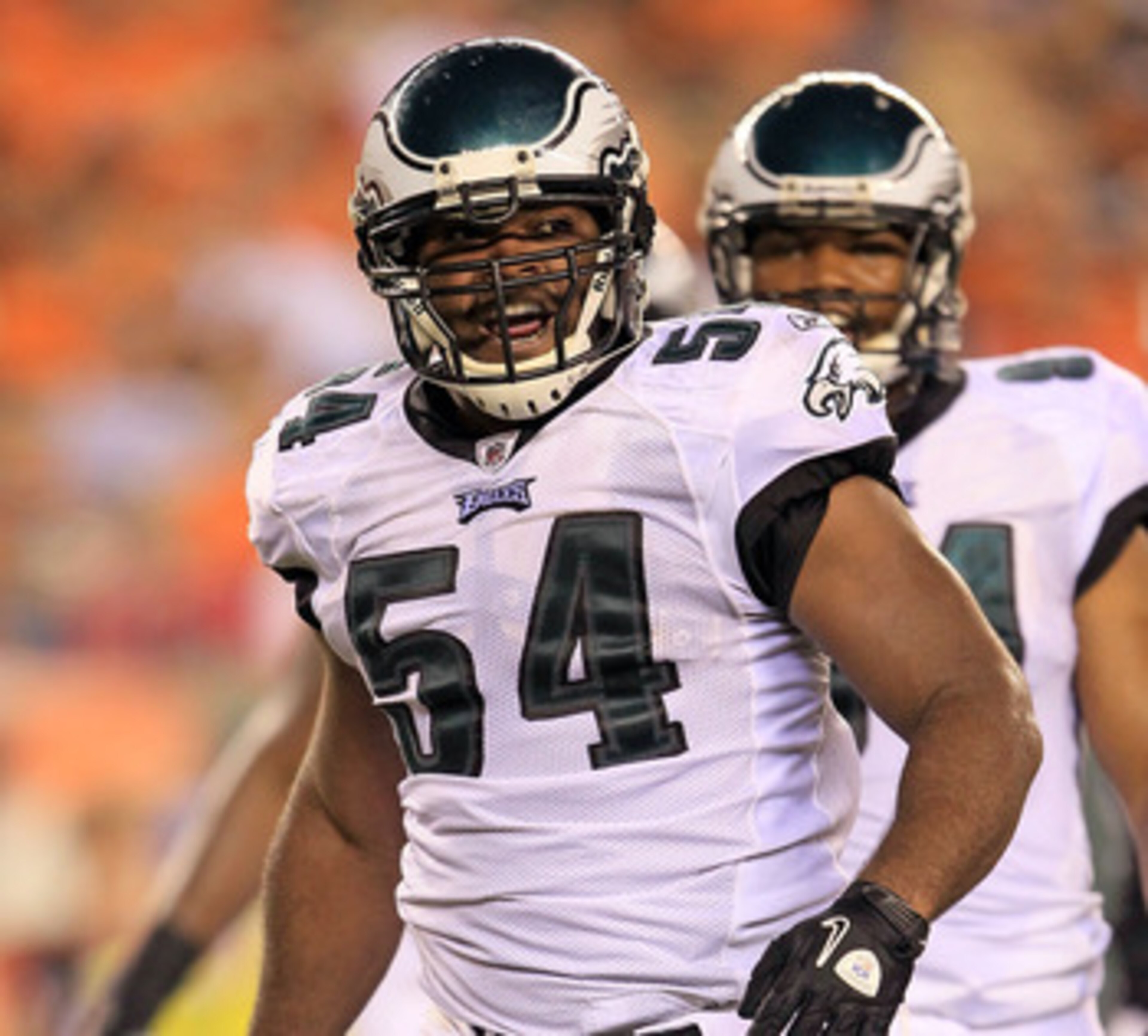 CINCINNATI - AUGUST 20:  Brandon Graham #54 of the Philadelphia Eagles celebrates after making a tackle during the NFL preseason game against the Cincinnati Bengals at Paul Brown Stadium on August 20, 2010 in Cincinnati, Ohio.  (Photo by Andy Lyons/Getty 