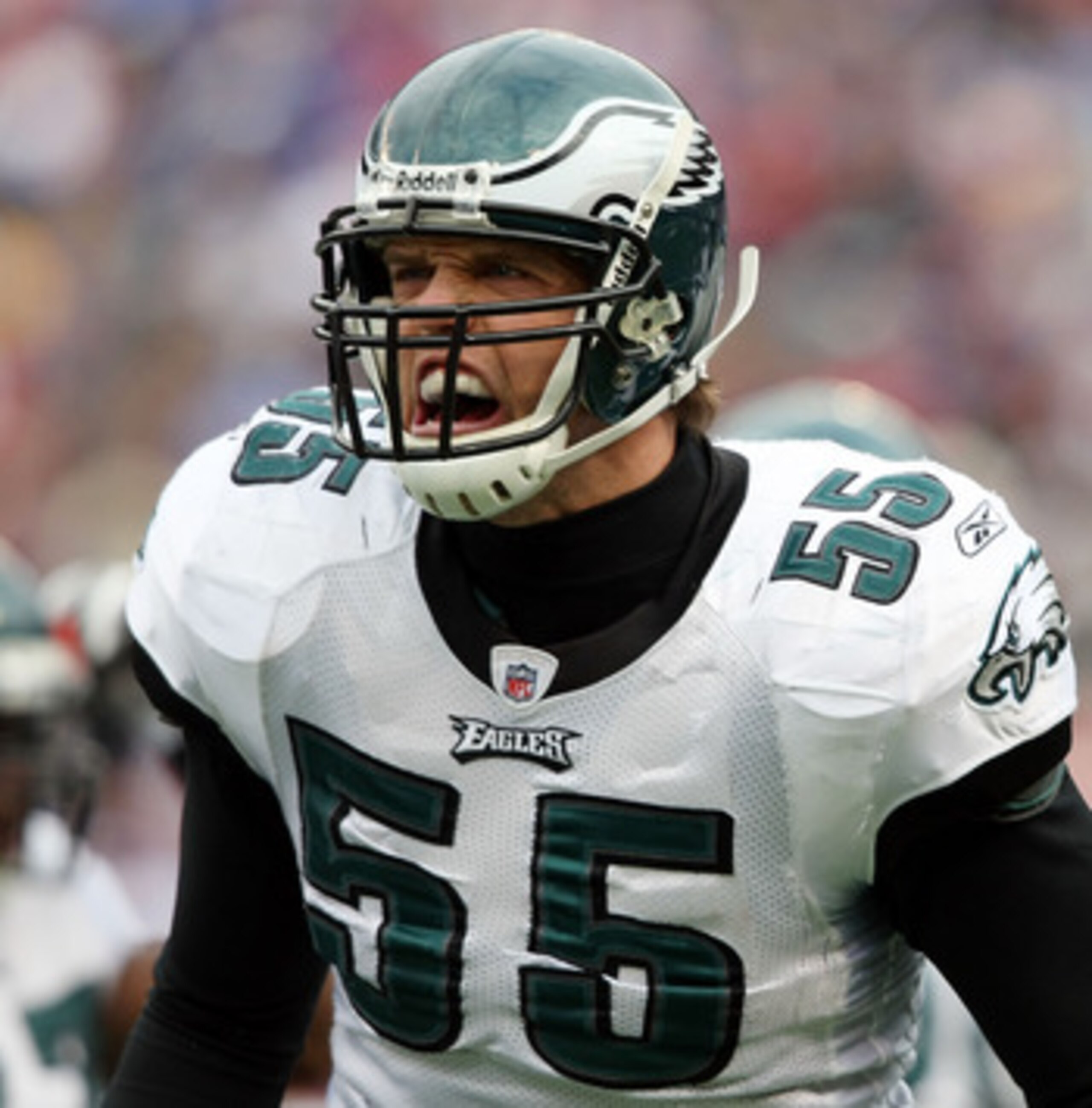 EAST RUTHERFORD, NJ - DECEMBER 07: Stewart Bradley #55 of the Philadelphia Eagles celebrates against the New York Giants at Giants Stadium on December 7, 2008 in East Rutherford, New Jersey. (Photo by Nick Laham/Getty Images) EAST RUTHERFORD, NJ - DECEMBER 07: Stewart Bradley #55 of the Philadelphia Eagles celebrates against the New York Giants at Giants Stadium on December 7, 2008 in East Rutherford, New Jersey. (Photo by Nick Laham/Getty Images)