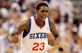PHILADELPHIA, PA - APRIL 21: Lou Williams #23 of the Philadelphia 76ers reacts after scoring against the Miami Heat during the first half of game three of the Eastern Conference Quarterfinals at Wells Fargo Center on April 21, 2011 in Philadelphia, Pennsy