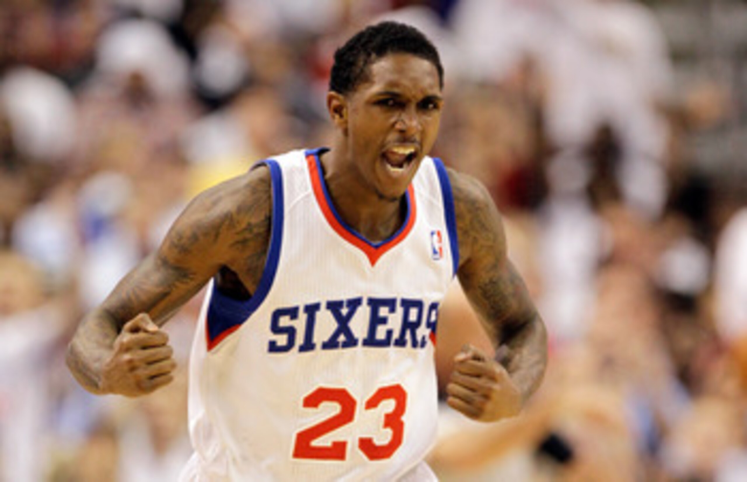 PHILADELPHIA, PA - APRIL 21: Lou Williams #23 of the Philadelphia 76ers reacts after scoring against the Miami Heat during the first half of game three of the Eastern Conference Quarterfinals at Wells Fargo Center on April 21, 2011 in Philadelphia, Pennsy