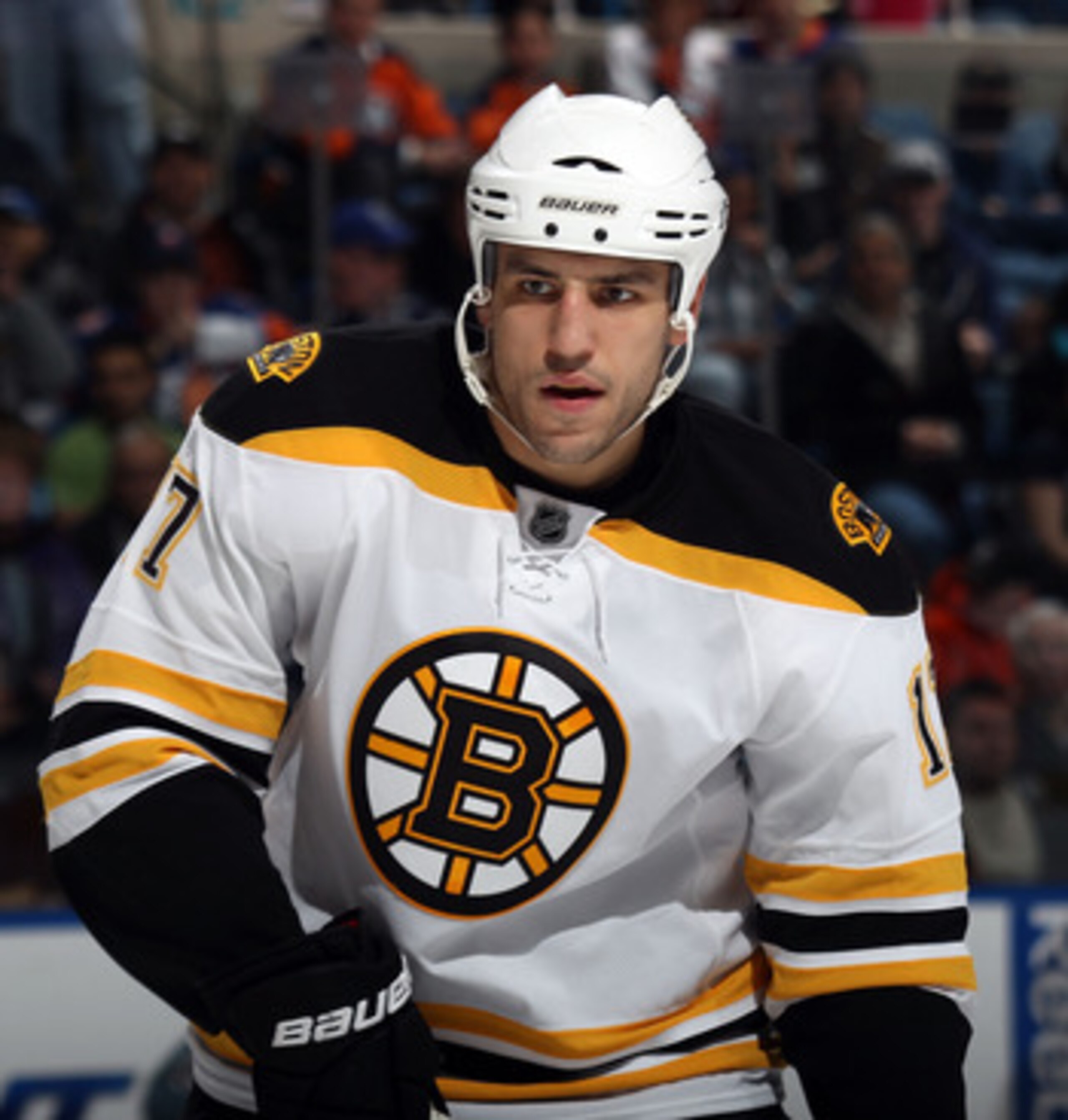 UNIONDALE, NY - MARCH 11:  Milan Lucic #17 of the Boston Bruins skates against the New York Islanders at the Nassau Coliseum on March 11, 2011 in Uniondale, New York.  (Photo by Bruce Bennett/Getty Images)