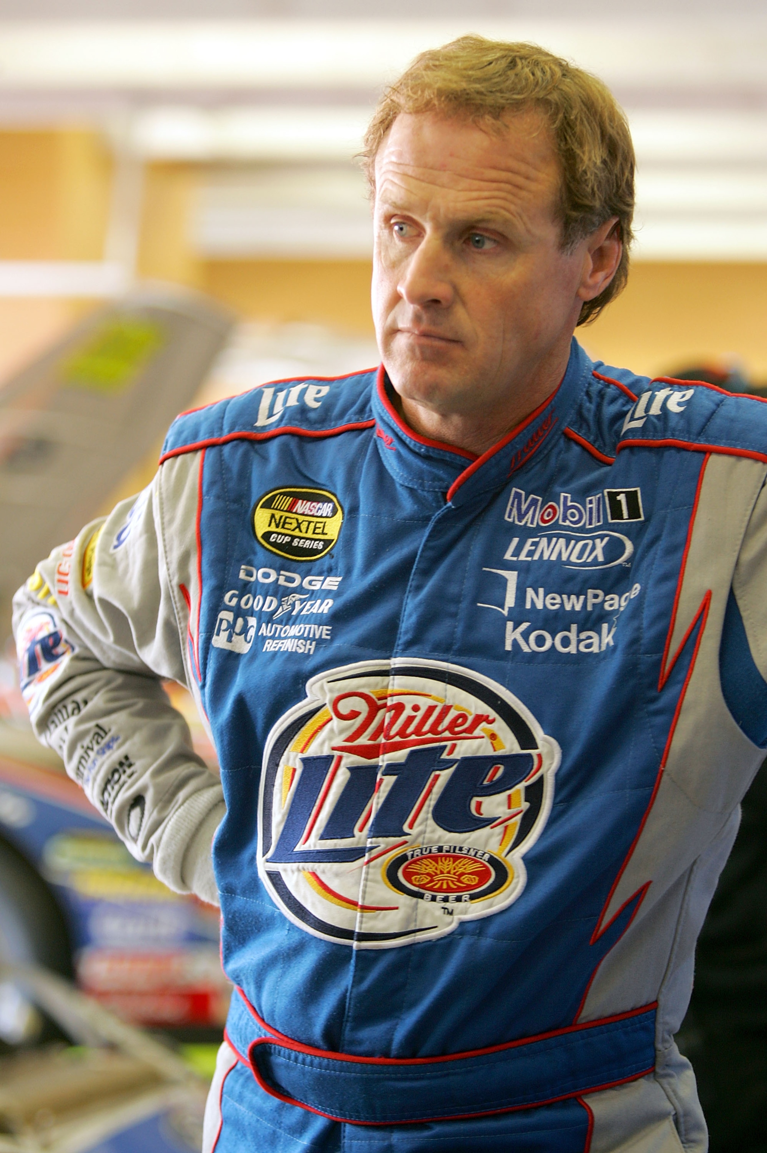 HAMPTON, GA - OCTOBER 28:  Rusty Wallace, driver of the #2 Penske Racing Dodge, waits in the garage area during practice for the NASCAR Bass Pro Shops MBNA 500 on October 28, 2005 at Atlanta Motor Speedway in Hampton, Georgia.  (Photo by Jamie Squire/Gett