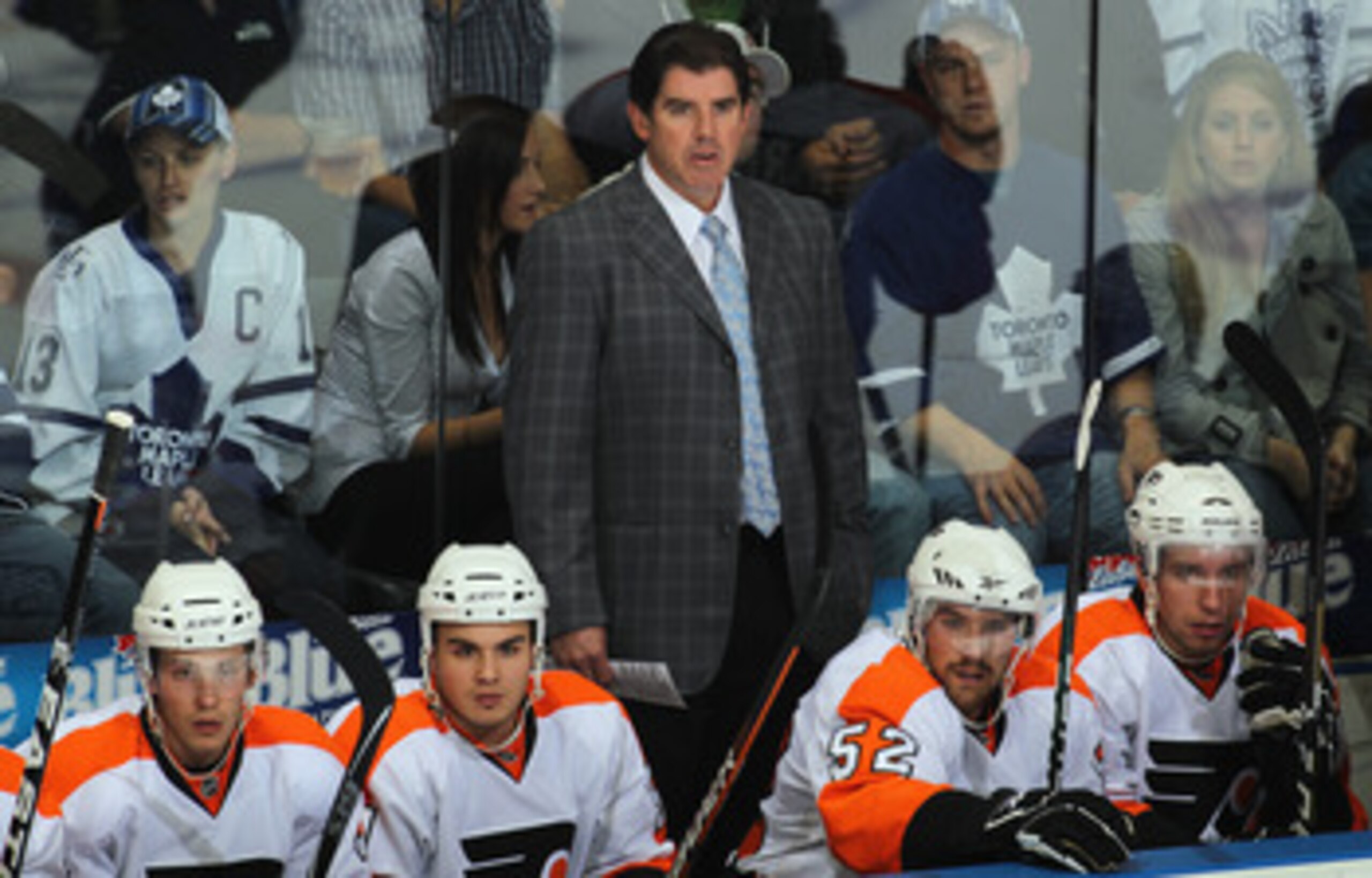 LONDON,ON - SEPTEMBER 23: Head Coach Peter Laviolette of the Philadelphia Flyers watches the play in a pre-season game against the Toronto Maple Leafs on September 23,2010 at the John Labatt Centre in London, Ontario. The Leafs defeated the Flyers 3-2 in
