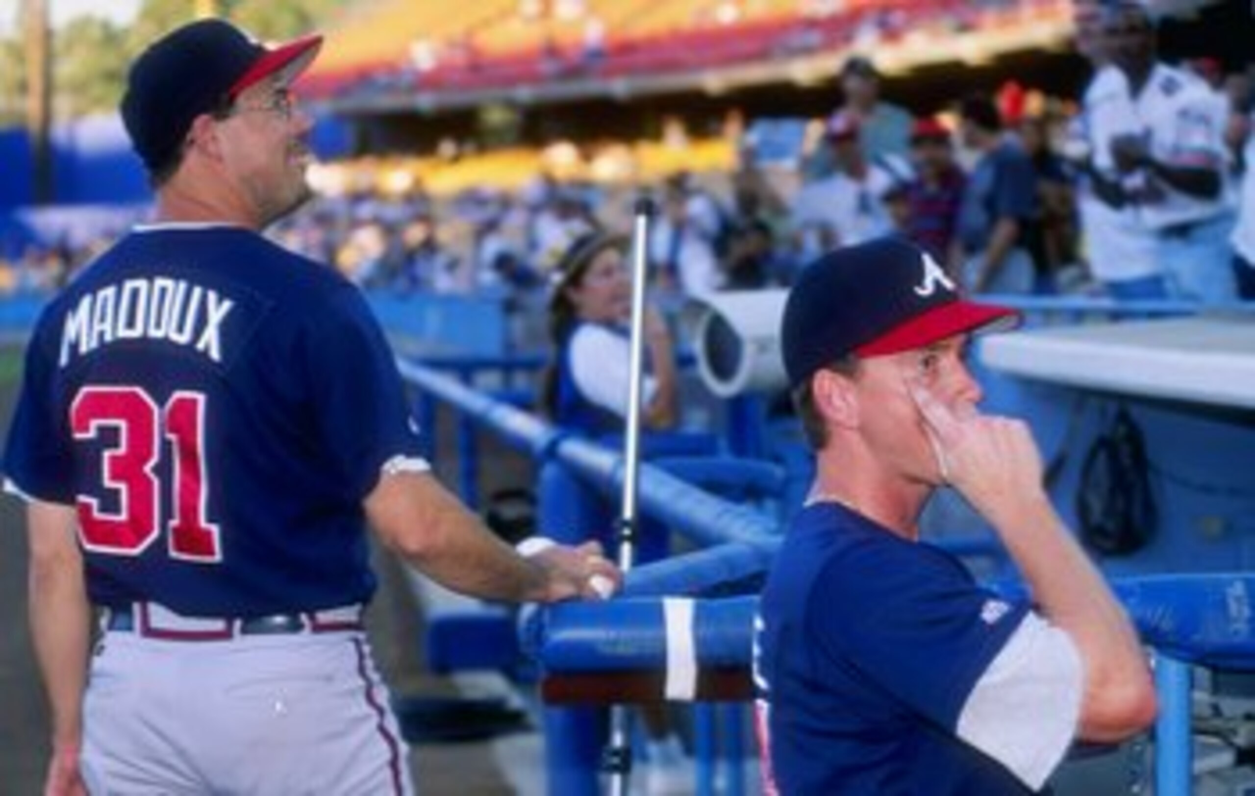 9 Sep 1997:  Tom Glavine and Greg Maddux of the Atlanta Braves during the Braves 4-3 win over the Los Angeles Dodgers at Dodger Stadium in Los Angeles, California. Mandatory Credit: Harry How  /Allsport